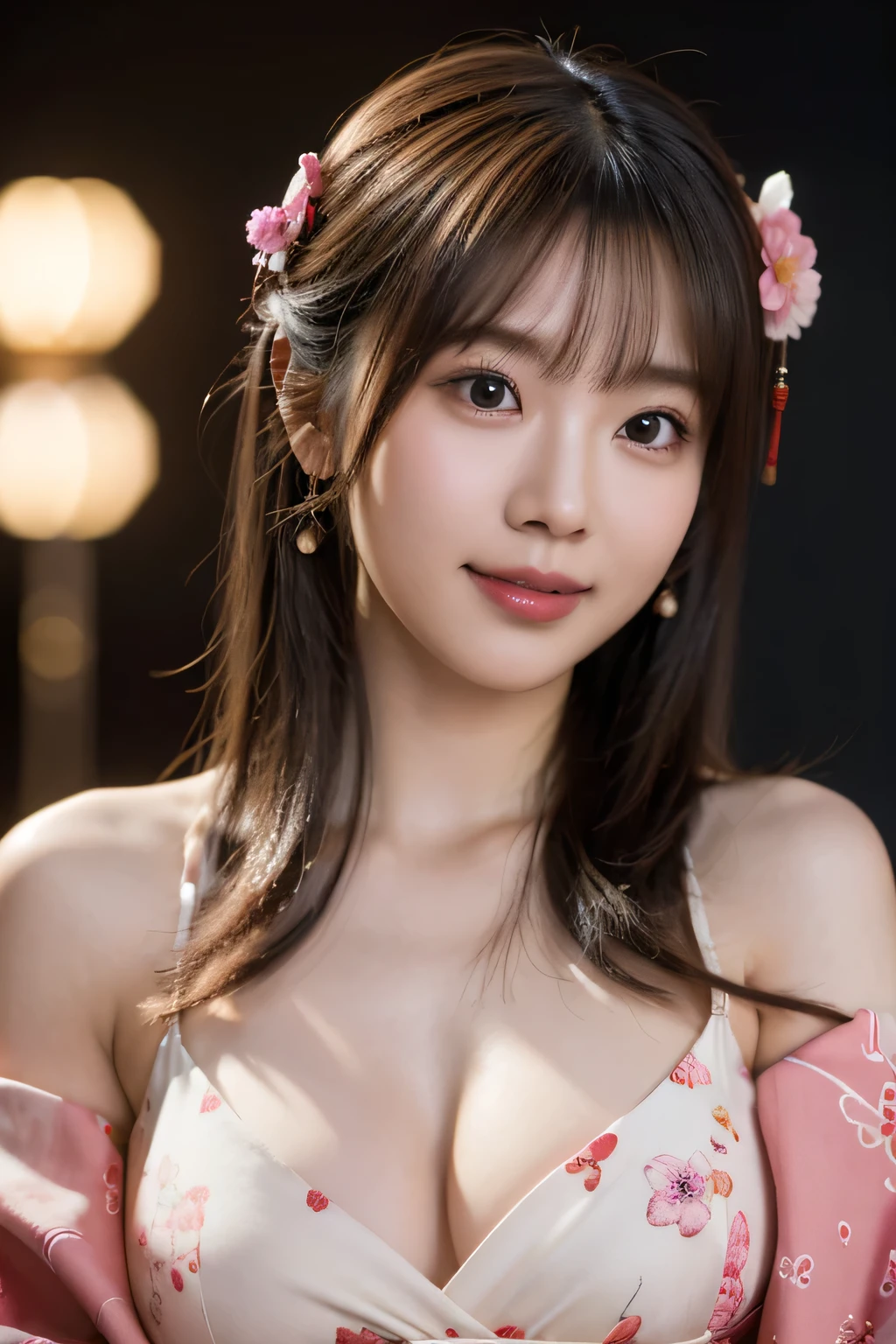 Tabletop, highest quality, figure, Very detailed, In detail, High resolution, 8k wallpaper, Perfect dynamic composition, Beautiful fine details, Oiran,Festivals、Floral pattern on black background、Large Breasts、Center of chest, Natural color lip, Bold sexy pose,smile,20-year-old girl、cute、sexy shot looking at camera