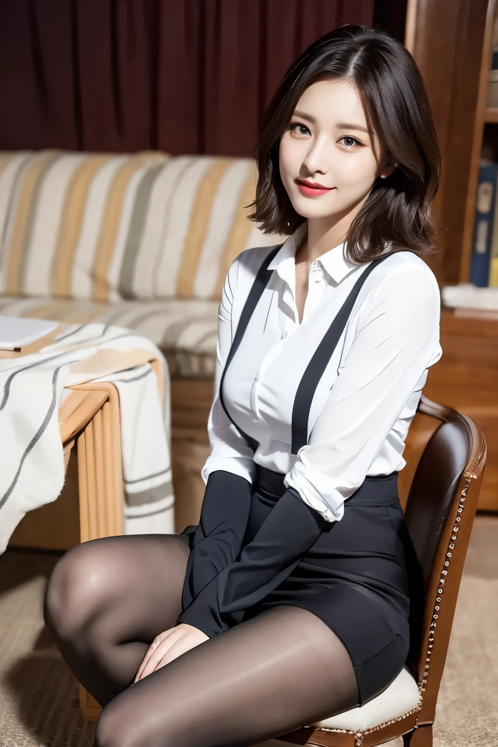 ulzzang-6500-v1.1, (RAW Photos:1.2), (Photorealistic), (Genuine:1.4), (Mastepiece), masterpiece, Absurd, The finer details, High resolution, Highly detailed face and eyes, Photorealistic, Perfect dynamic composition, Beautiful and delicate eyes, suit,short hair,Natural color lips, Sit on a chair,Crossing your legs, smile、25-year-old woman,Red Eyeshadow,Wearing pantyhose,Formal tight skirt、Full Body Shot