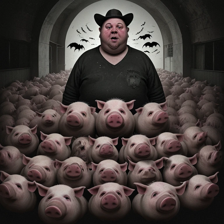 Portada de libro de terror, a closed farm of many fat pigs squeezed together that look scary with black blood eyes and in the middle more focused, a jewish boy standing. mirando a sus pies