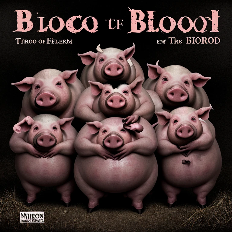 Portada de libro de terror, a closed farm of many fat pigs squeezed together that look scary with black blood eyes and in the middle more focused, a jewish boy standing. mirando a sus pies