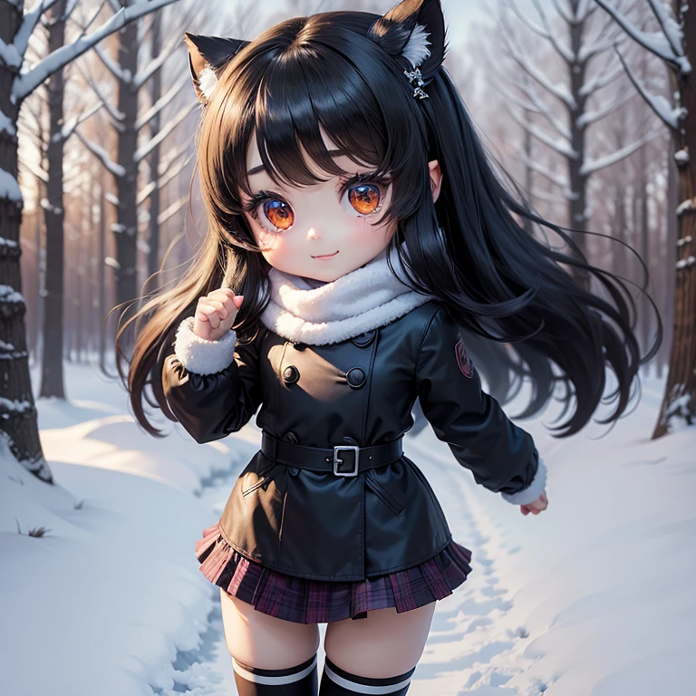 masterpiece、top-quality、ultra-detailliert、(Chibi Chara:1.27),On the way sakura gadan, The black long hair sways in the wind,glen plaid miniskirt,high socks,Trench coat for the winter,fairy tale snow forest,a cute smile,big eyes,running happily