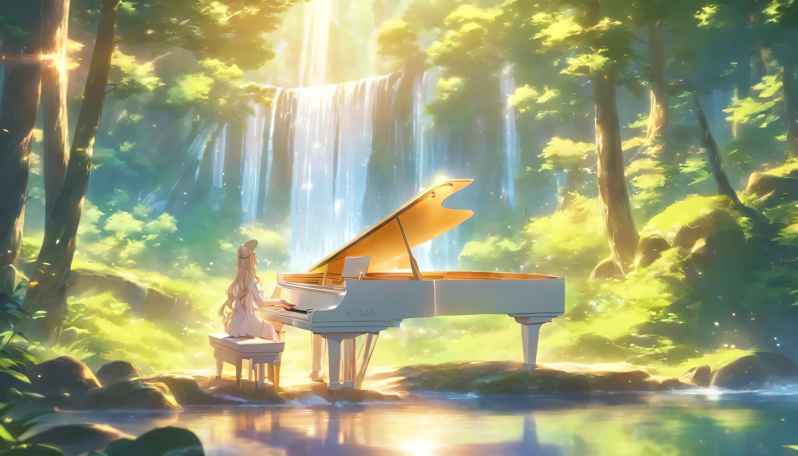 A white piano in the middle of the forest、A white grand piano on the banks of a beautiful mountain stream、Big tree々I can see the sunlight shining through the trees.、Piano reflected in the river