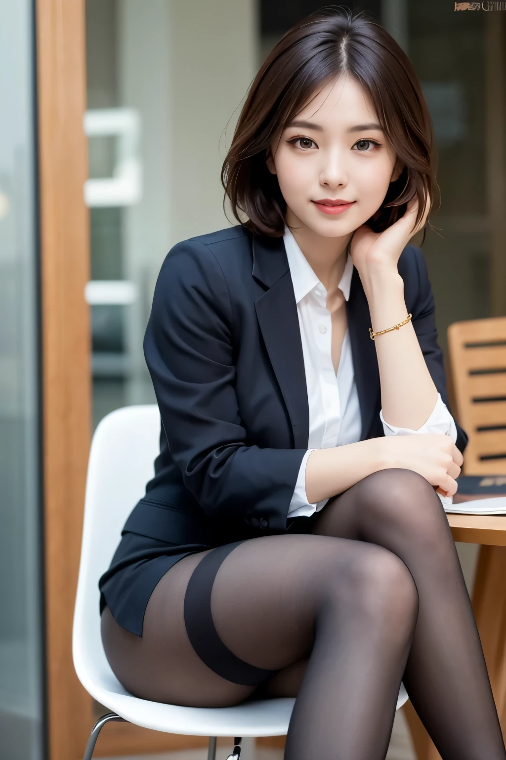ulzzang-6500-v1.1, (RAW Photos:1.2), (Photorealistic), (Genuine:1.4), (Mastepiece), masterpiece, Absurd, The finer details, High resolution, Highly detailed face and eyes, Photorealistic, Perfect dynamic composition, Beautiful and delicate eyes, suit,short hair,Natural color lips, Sit on a chair,Crossing your legs, smile、25-year-old woman,Red Eyeshadow,Wearing pantyhose,Formal tight skirt、Full Body Shot