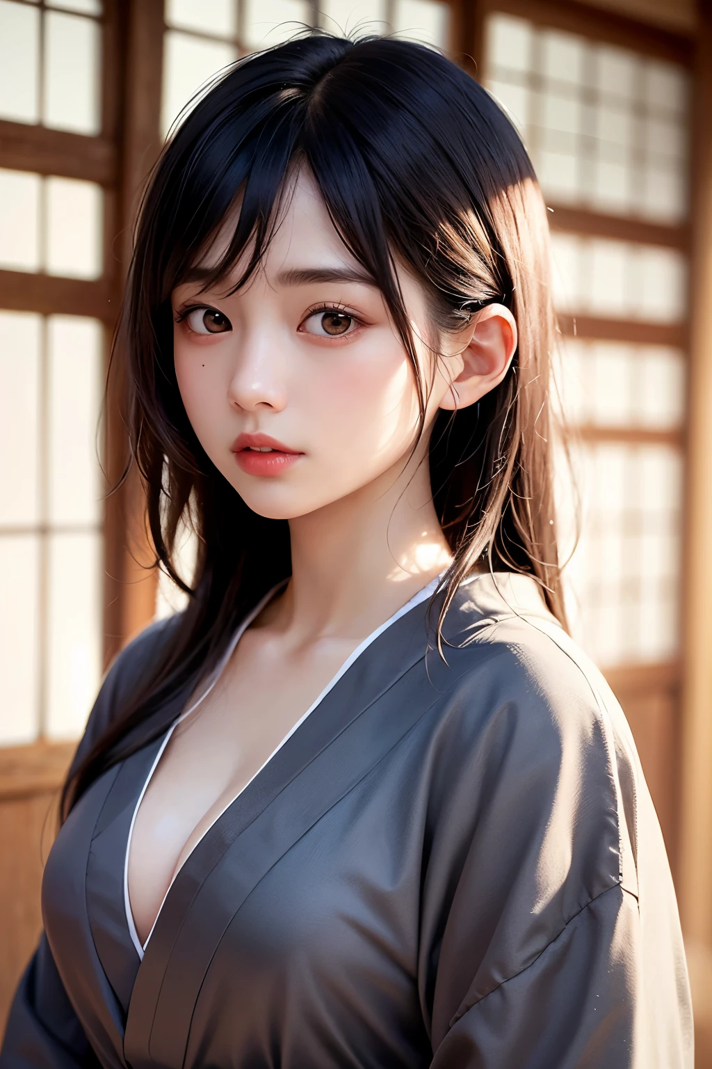 (1 nogizaka girl,raw photo,photo realistic:1.5),(best quality, high quality,HDR, highest quality,ultra high resolution,high resolution,high res,ultra high difinition,huge file size,8K,2K wallpaper,8K wallpaper,high quality texture,amazing,an extremely delicate:1.4),one girl, Japanese famous idol,beautiful face,small face,absurd,ridiculous,incredibly ridiculous,portrait,breasts close up,blurry background,(kimono,cleavage,no makeup:1.2),medium skin,beautiful skin,detailed skin,small head,black hair,silky hair,(Japanese eyes,almond eyes:1.5),detailed eyes,black eyes,Japanese idol eyes,Japanese nose,5-fingers,(eyebrow:-0.5),(Light Particles, Lens Flare, Luminous Particles: 0.7),looking at viewer,bright lighting,professional lighting,girl