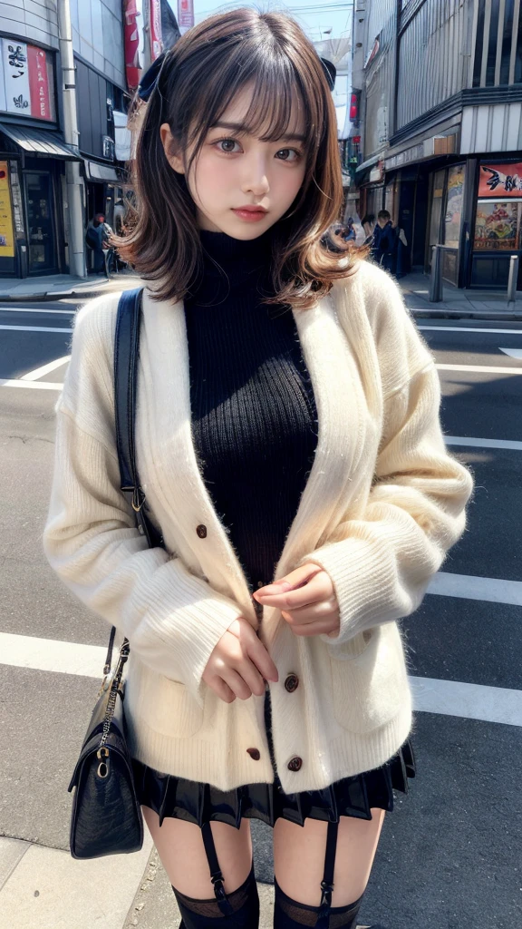 muste piece, best quality, illustration, Super detailed, fine details, High resolution, 8K,wall paper, perfect dynamic composition,(Details High quality, realistic depiction of eyes:1.3), short hair, (wavy hair:1.2), Gorgeous and stylish black fluffy latest trend Tokyo winter clothes, Pea coat, wool sweater, A-line skirt, Layered Cut, black hair color, Big Natural Color Lip, sexy pose, crying a little、cold gaze, Harajuku style、20 year old girl、cute type、lolita, hposing Gravure Idol, full body photo、focus on crotch, huge breasts