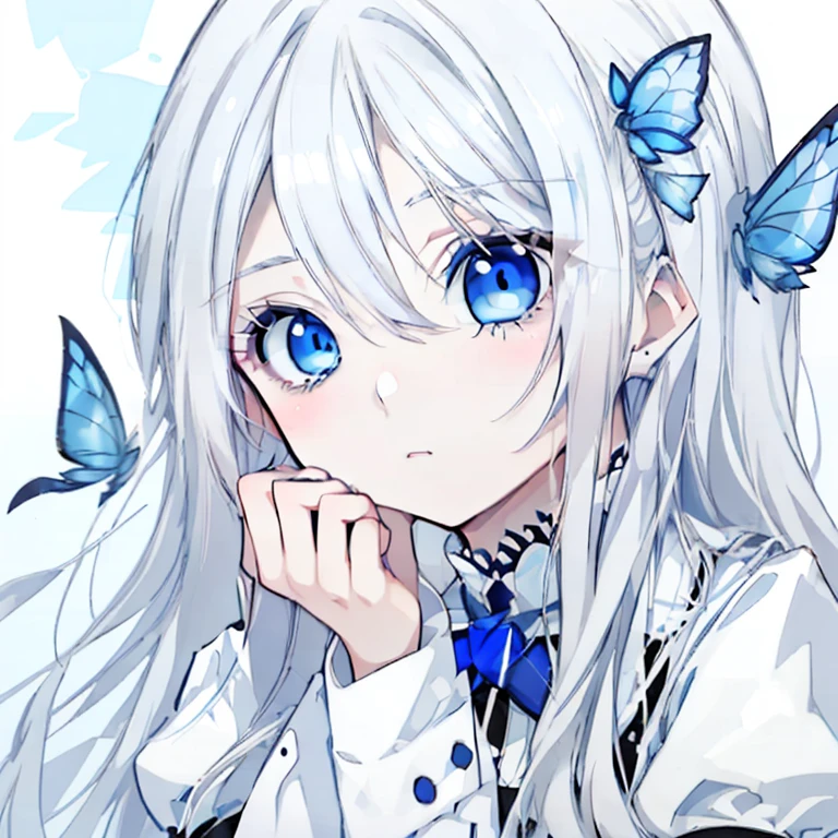 White Hair,Long Hair,Blue Eyes,Sharp Eyes,Blue Eyeaid clothes,Cheek resting on hand,Bust-up perspective,Mature,Ample breasts,Blue Butterfly,gorgeous