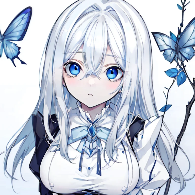 White Hair，Long Hair，Blue Eyes，Sharp Eyes，Blue Eyeaid clothes，Cheek resting on hand，Bust-up perspective，Mature，Ample breasts，Blue Butterfly，gorgeous