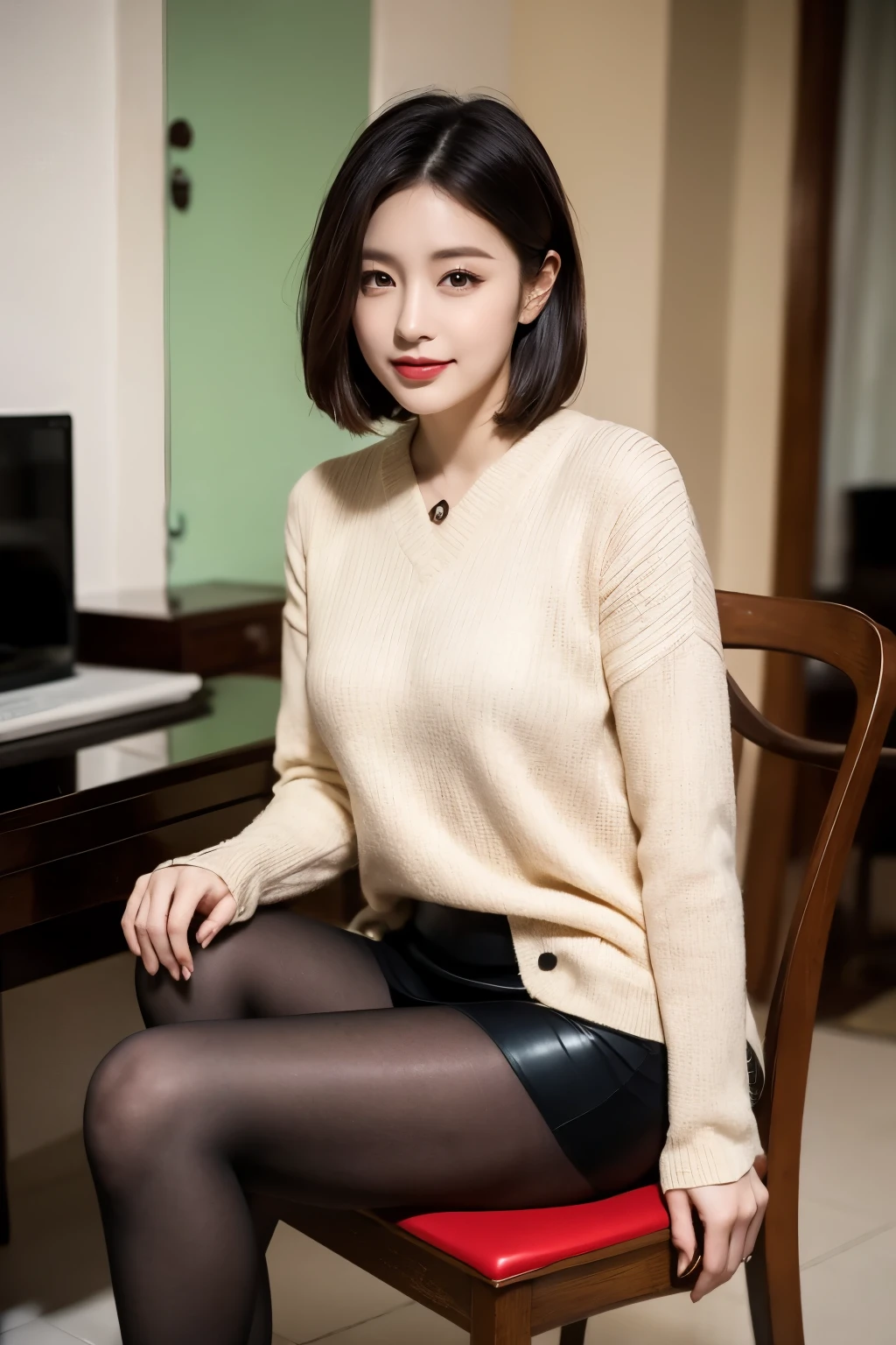 ulzzang-6500-v1.1, (RAW Photos:1.2), (Photorealistic), (Genuine:1.4), (Mastepiece), masterpiece, Absurd, The finer details, High resolution, Highly detailed face and eyes, Photorealistic, Perfect dynamic composition, Beautiful and delicate eyes, suit,short hair，Natural color lips, Sit on a chair，Crossing your legs, smile、25-year-old woman，Red Eyeshadow，Wearing pantyhose，Formal tight skirt、Full Body Shot