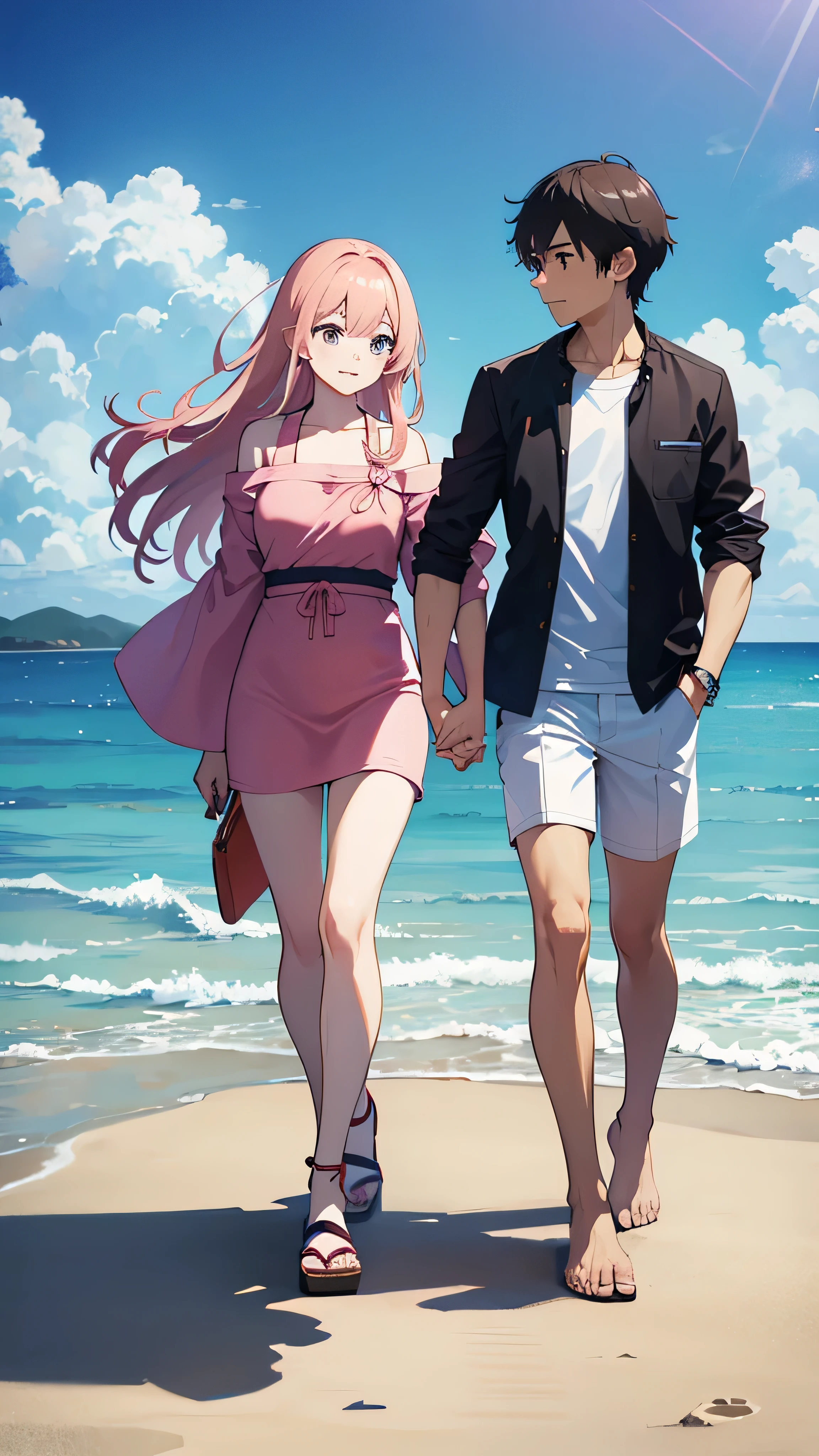 A couple walking hand in hand on the beach Ocean Japanese anime style