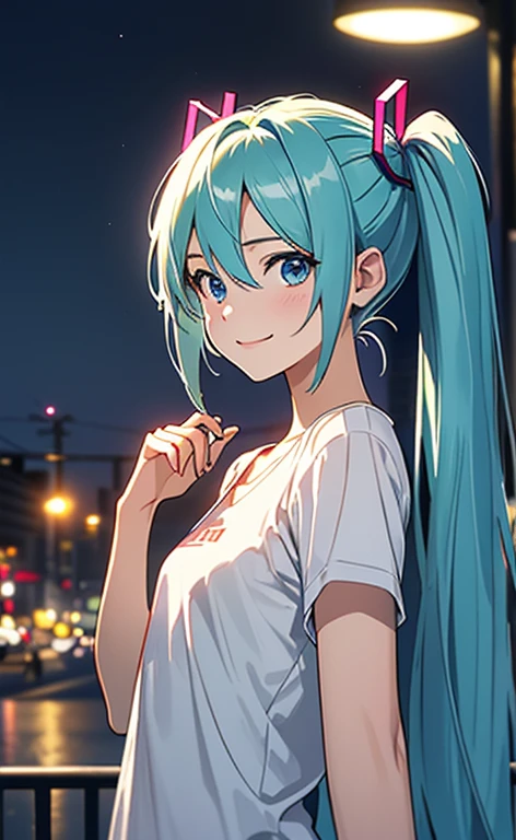 (masterpiece:1.4、top-quality、illustration:1.4,realistic、)、(character focus、breast focus,upper body:1.3)、(1girl),(clear face:1.3),(miku hatume),cute face,blue eyes、(looking back)、
,(stand:1.4),(Shining smile),
,(slender),(casual:1.3),
(fluorescence light green long hair:1.6,,),(twintails), (small breasts:1.3)、
、slender、hatsune_miku_bluearchive