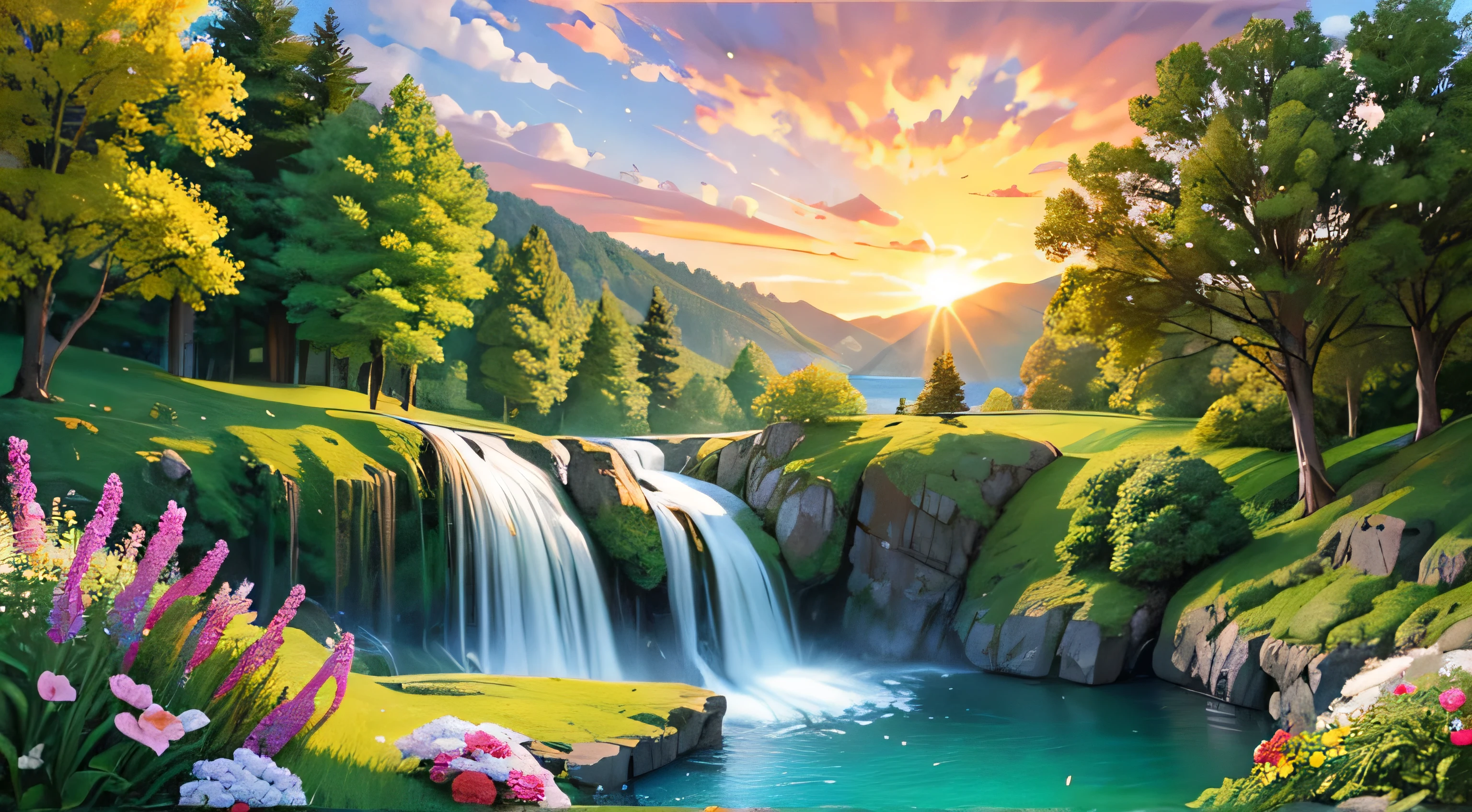 A scenic masterpiece, Breathtaking Nature, Spectacular sunset in the style of Wlop and Alena Aeinami, Ultra-detailed digital painting, Lake with sparkling waterfalls, Colorful flowers, delicately painted.