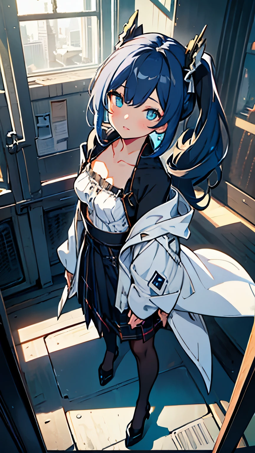 Blue Panties、Panties in full view、In underwear、(masterpiece, best quality), 1girl, utsumiericeFA,long sleeves, bare shoulders, jewelry, puffy sleeves, necklace,, streaked hair, blue ribbon, puffy long sleeves,magatama,