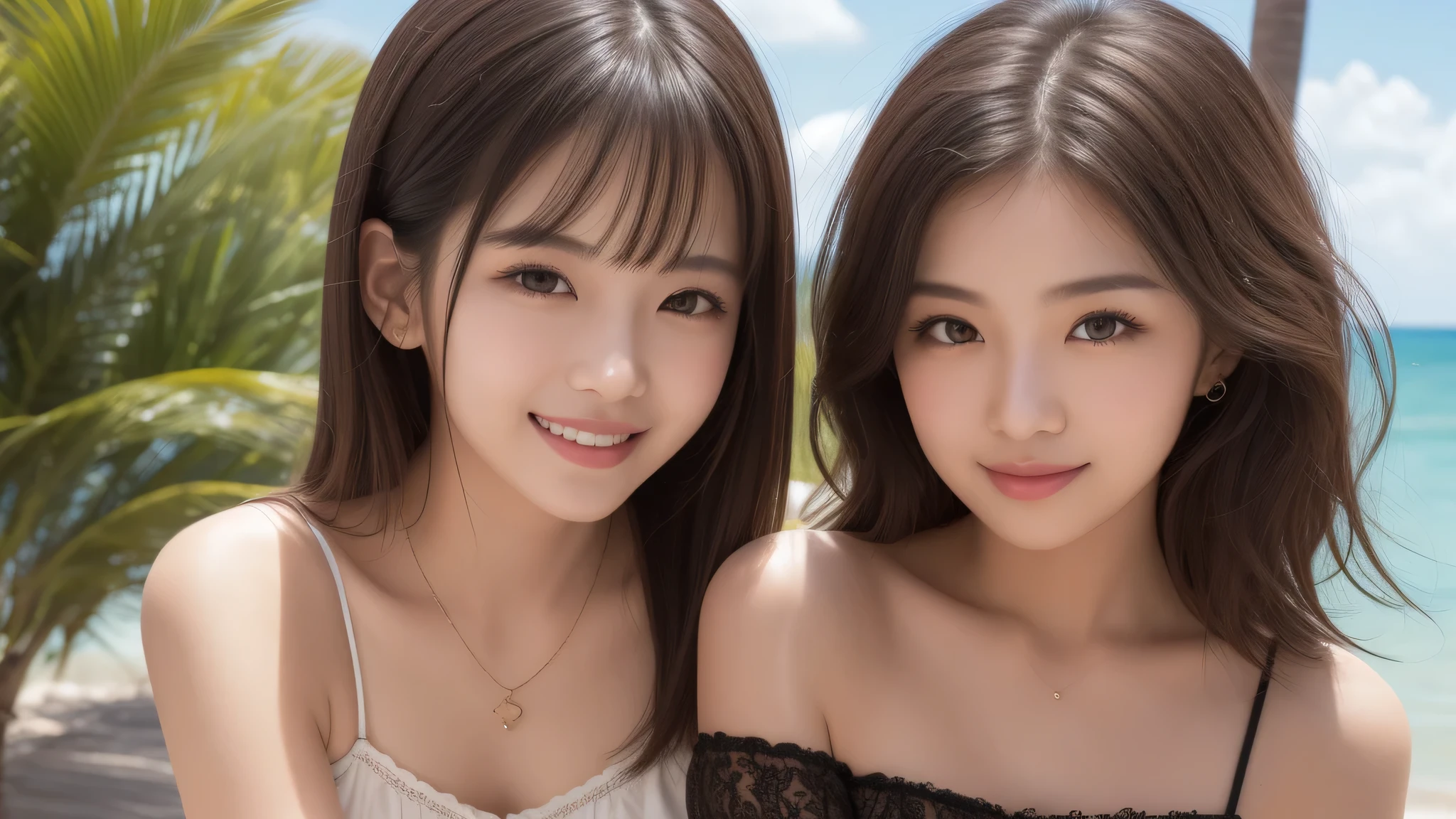 (2girl), nice smile, (Transparent lace Tube top with cute frills:1.2), ribbon, sexy look, (Best Quality:1.4), (Ultra-detailed), (extremely detailed beautiful face), brown eyes, (highly detailed Beautiful face), (extremely detailed CG unified 8k wallpaper), Highly detailed, High-definition raw color photos, Professional Photography, Realistic portrait, Extremely high resolution, beach, Palm tree, (Fine face:1.2), sunny day