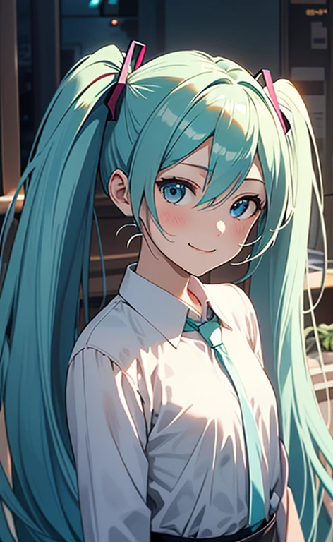 (masterpiece:1.4、top-quality、illustration:1.4,realistic、)、(character focus、breast focus,upper body:1.3)、(1girl),(clear face:1.3),(miku hatume),cute face,blue eyes、(looking back)、
,(stand:1.4),(Shining smile),
,(slender),(casual:1.3),
(fluorescence light green long hair:1.6,,),(twintails), (small breasts:1.3)、
、slender、hatsune_miku_bluearchive