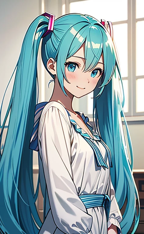 (masterpiece:1.4、top-quality、illustration:1.4,realistic、)、(character focus、breast focus,upper body:1.3)、(1girl),(clear face:1.3),(miku hatume),cute face,blue eyes、(looking back)、
,(stand:1.4),(Shining smile),
,(slender),(casual:1.3),
(fluorescence light green long hair:1.6,,),(twintails), (small breasts:1.3)、
、slender、hatsune_miku_bluearchive