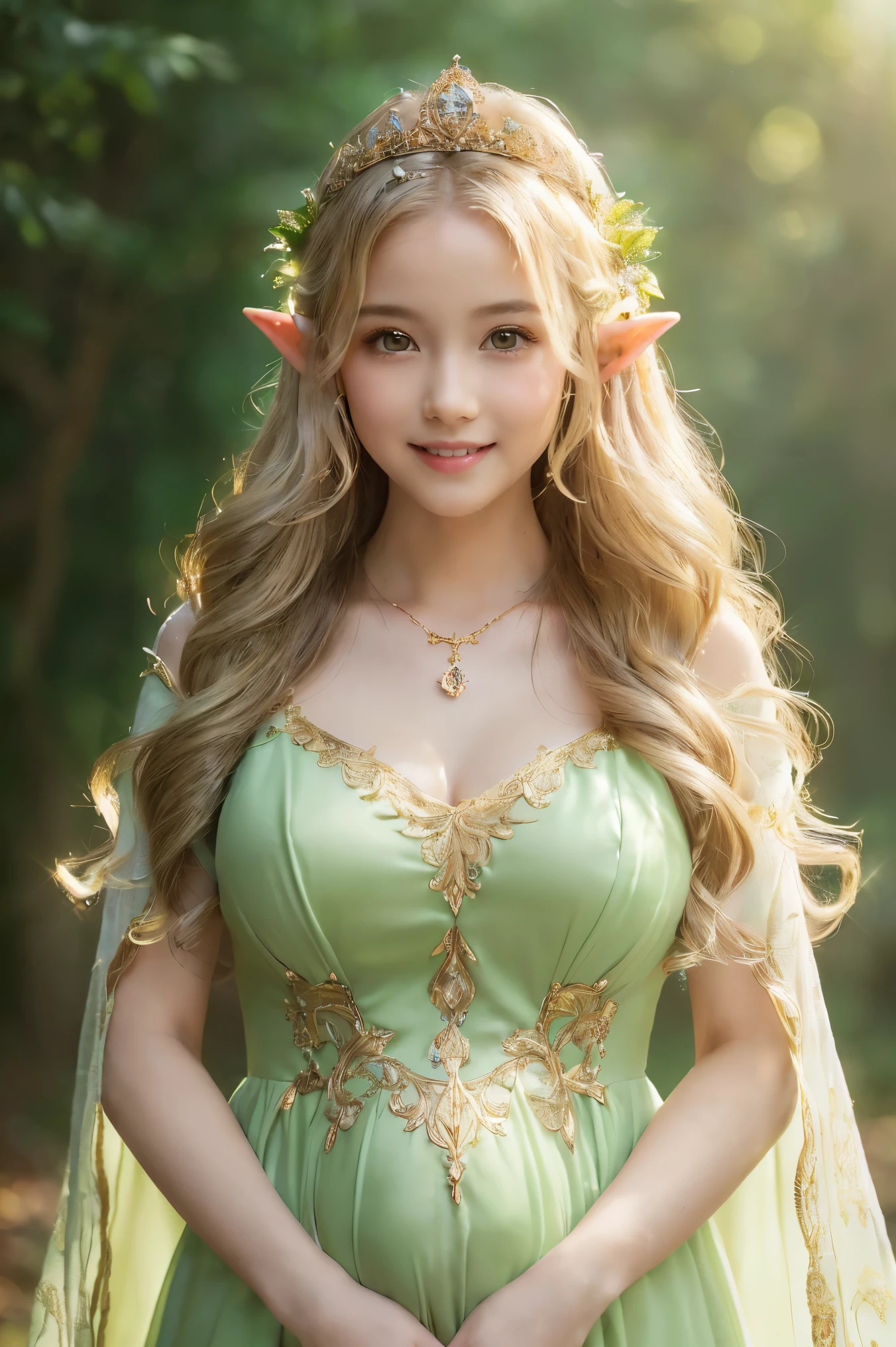 ((Masterpiece、highest quality、、Extremely fine and intricate detail、The most complex and detailed textures、Ultra-high resolution))、(beautiful spring water:1.1)、 dress that glows from within:1.1)、((The most beautiful elven princess、Elf Ears、The Most Sacred Princess Dresses、The background is a complex and sacred forest、Dresses that emit light from the inside、The dress is green and white with gold decorations..、Fairytale Sparkle、Fairytale atmosphere、wonderful、The most intricate and sacred dress、Sacred Elf、Light yellow-green fog、Accurately recreated in every detail the perfect elven princess、The most complex and detailed forest、Glowing Dress、Filled with divine light、Gorgeous tiara and necklace、wonderful、Overgrown trees々々、A forest illuminated by sacred green light、Great cinema lighting))、((The most beautiful face,Half Japanese and half Spanish、Beautiful smile、Beautiful wavy silver hair and blue eyes、The most gorgeous and elaborate dresses、Smiling while looking at the camera、Huge breasts that look like they might burst、waist-cinching dress、Accentuate your body lines)、Big cleavage