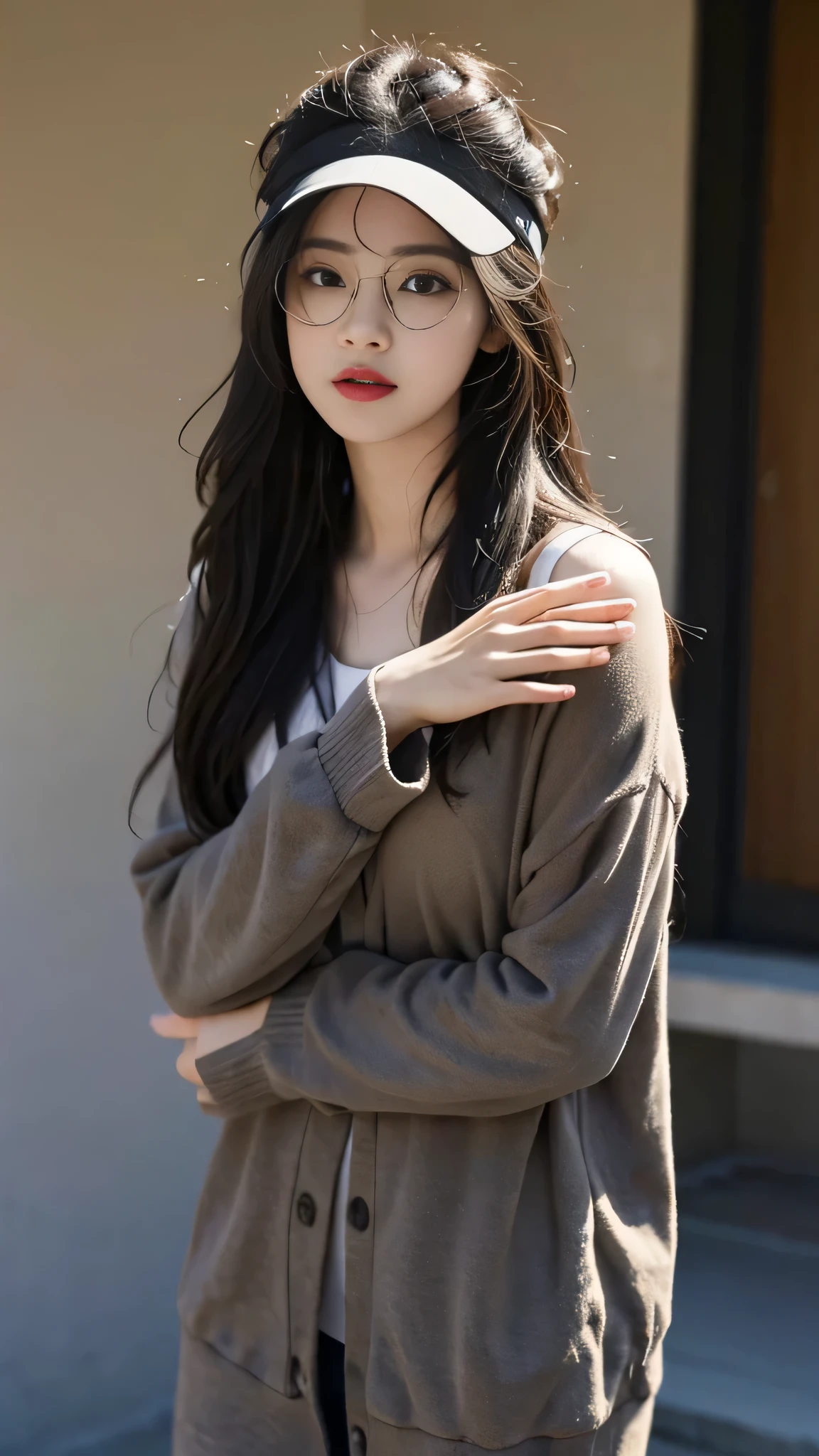A perfect young female white-collar worker,Chinese,High picture quality,Works of masters,Black hair,Long hair flowing over the shoulders, Wear glasses and a cap, Blured background,outside, deep shadow, Real Human,CG rendering,16k,Stand up,Empty interior,Do not show your hands,Close-up shot