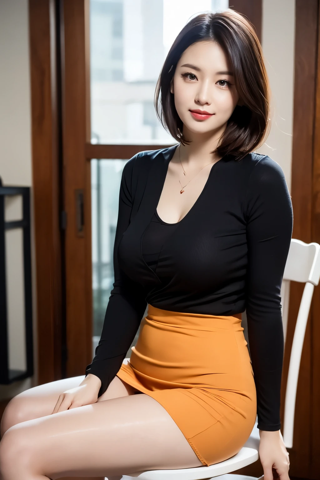 A woman sitting on a chair in a black top and orange skirt - SeaArt AI