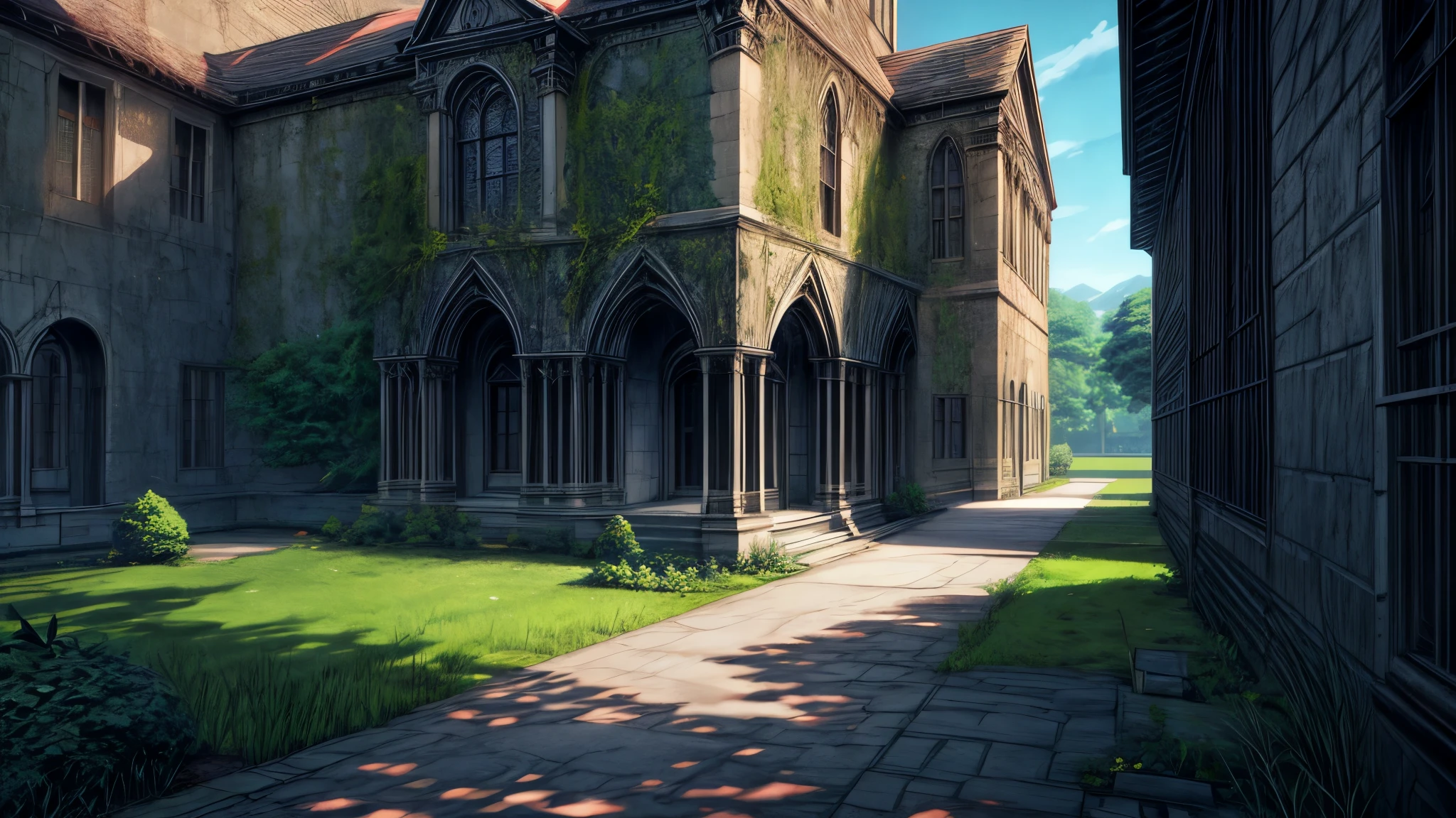 anime, high res, 4k, 8k, visual novel background, CG background, lonely luxury private school, an gothic old building, an iron fence, outdoor scenery, detailed background, photorealistic, pixiv, sharp-focus, super detail,