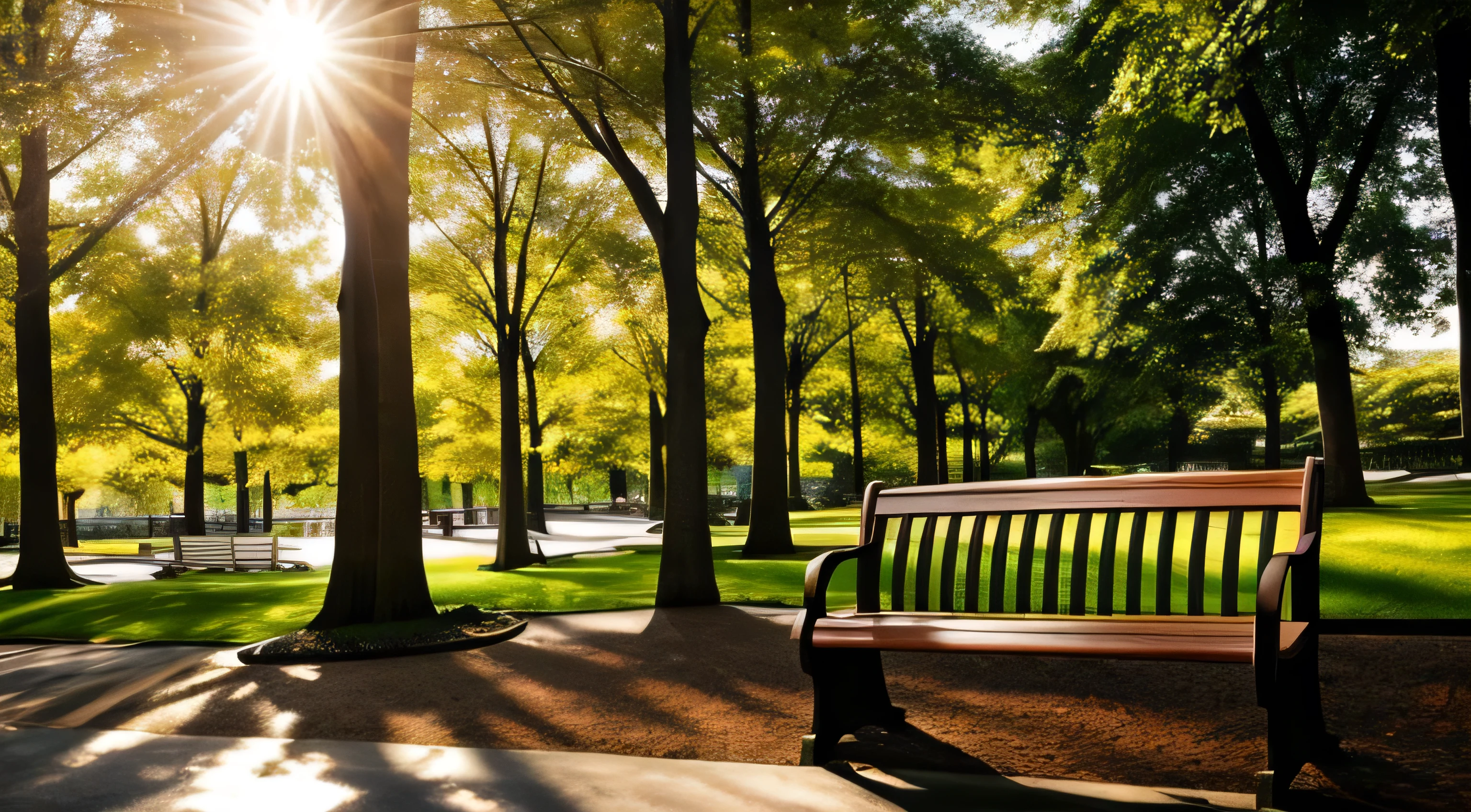 masterpiece、Highest quality、A sunny park、Sunlight filtering through the trees、One bench
