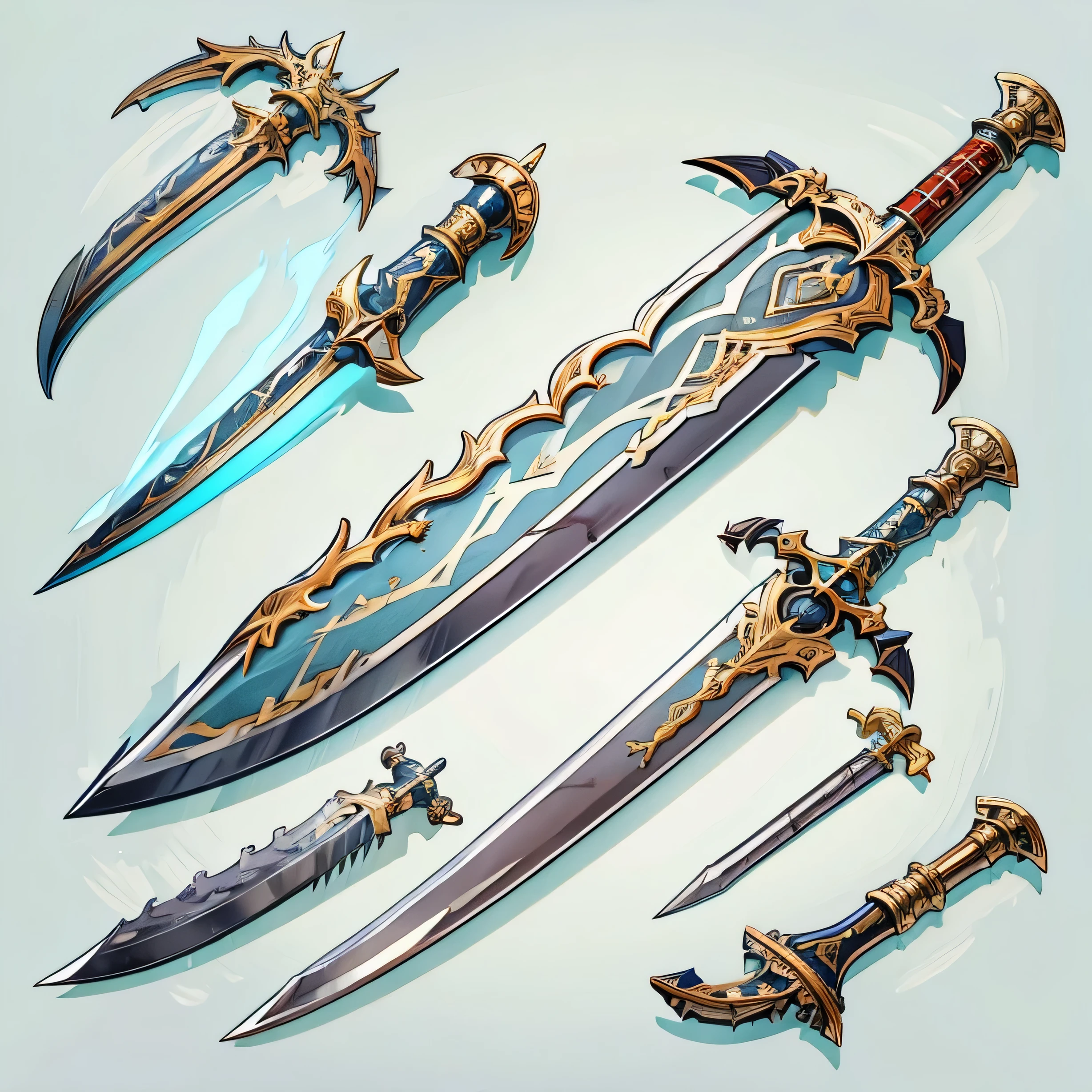 (((best quality))), (((masterpiece))), Weapons to be included in the Weapon Encyclopedia, Two-handed sword, big knife, european weapons, RPG game weapons, white background, Crisp Lines, Colorful colors,