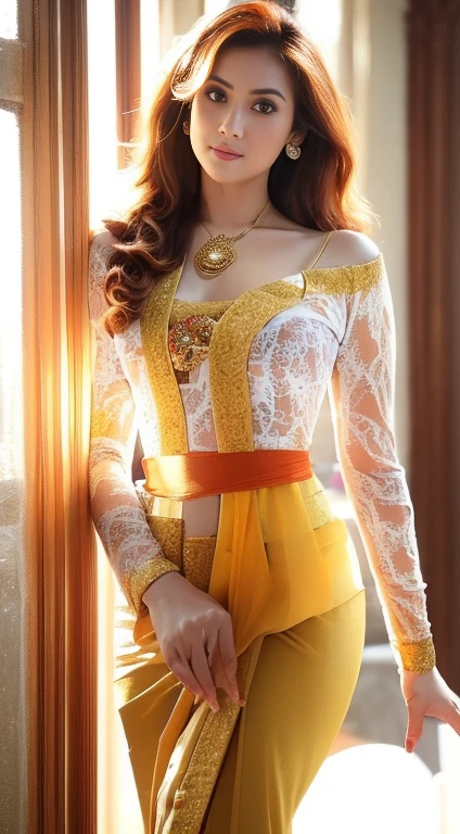 Photorealistic Production, (One Person), (Realistic Image of a 25 Years Old British Female Model), (Shoulder-level Wavy Ginger Hair:1.6), (Athletic Body Builds:1.4), (Pale Skin:1.4), (Wearing a White Ornated Kebaya Dress with Silk Cloth and Golden Jeweleries:1.6), (Serious Face), (Deep Cleavage), (Elegant Pose:1.6), Centered, (Waist-up Shot:1.4), From Front Shot, Insane Details, Intricate Face Detail, Intricate Hand Details, Cinematic Shot and Lighting, Realistic Colors, Masterpiece, Sharp Focus, Ultra Detailed, Taken with DSLR camera, Realistic Photography, Depth of Field, Incredibly Realistic Environment and Scene, Master Composition and Cinematography