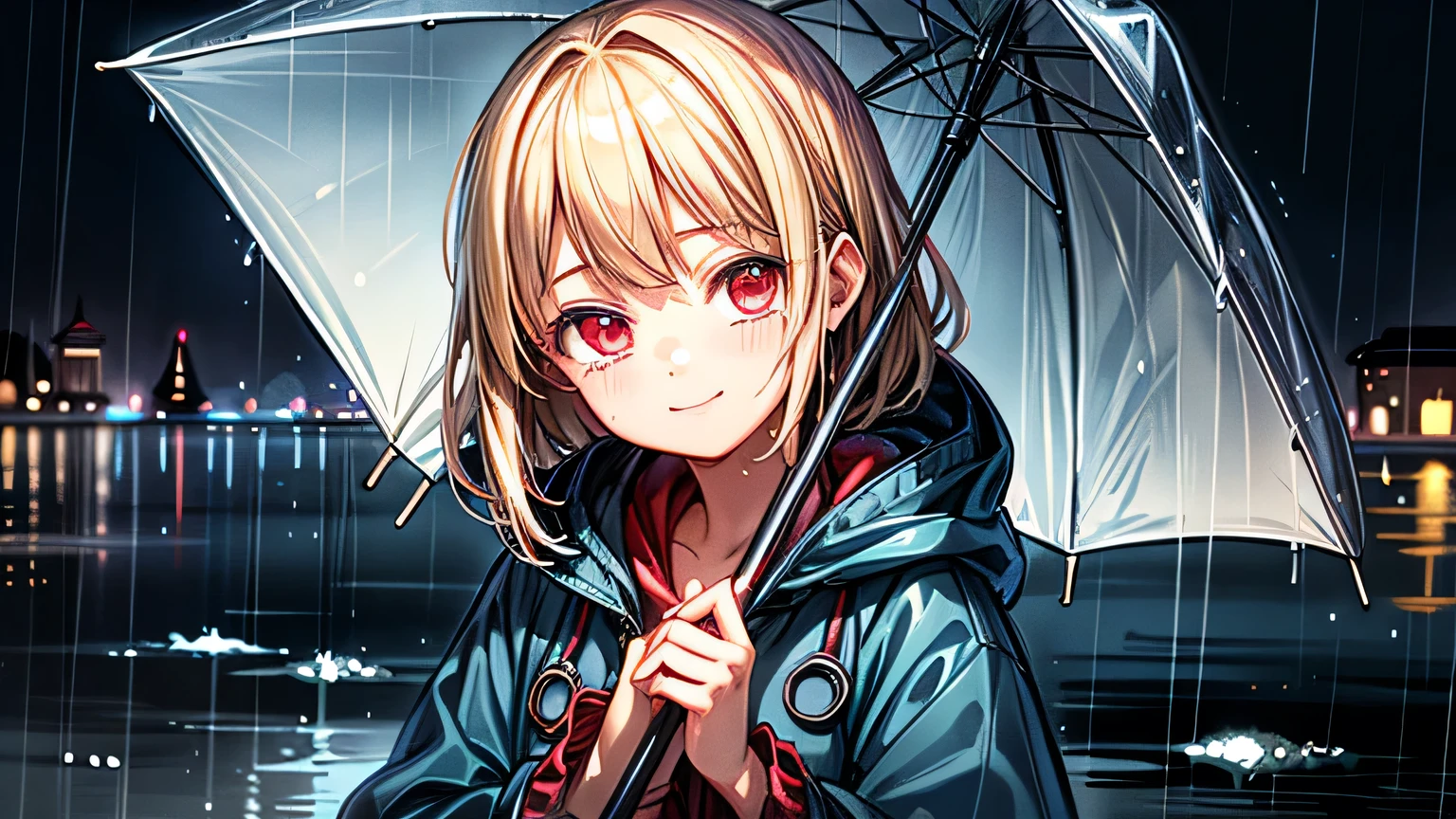 ((highest quality)), ((masterpiece)), (detailed), Perfect Face,girl, Blonde, Red eyes, rain, Look down, smile, tears, blue raincoat, Wearing a hood, town,Being hit by the rain,No umbrella