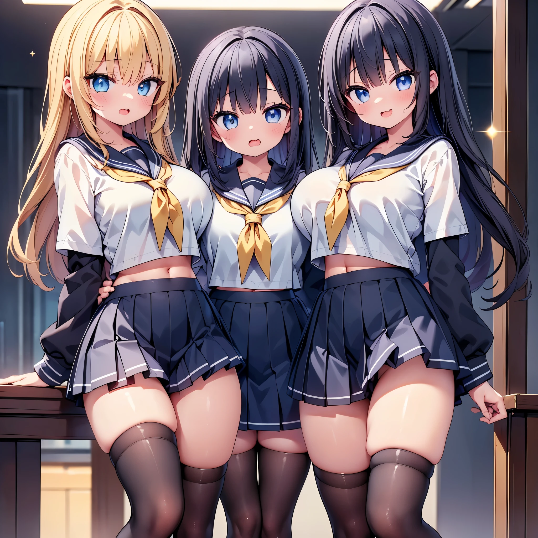 (cute eyes:1.2), (sparkling eyes:1.2), highest quality,wonderful,finely,extremely detailed CG Unity 8K wallpaper, (Stand in line:1.2), (3 girls, sailor uniform, clothed), (slender body:1.1), (huge breasts), (open mouth:1.1), (long tongue:1.1), (mouth drool:1.1), (Black knee socks:1.1),(Thighs:1.3),(Waistline:1.2),(midriff peek:1.2)