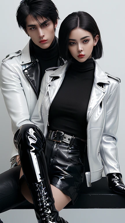 若くキュートでクールなエモ風な日本人の男の子と女の子のCouple,Thin eyebrows and big eyes, ((Both are wearing shiny white single-breasted leather jackets.))。.。........。Biker style leather jacket、 with epaulettes, The jacket is zipped up, The jacket pockets are black., The jacket has a high stand-up collar with a belt, Also wearing a black turtleneck, はBlack Leather Pantsを履いている,((The girl is wearing black leather shorts and black pantyhose))、 Both of them are wearing thin black leather gloves..., Black leather knee-high lace-up boots, ((See your whole body from head to toe)) , Final Fantasy Style、((good lookingな男性と美しい女性))、(((men and women))、((Couple))、((good looking))、((Year: 20-year-old))、((good looking))、((Clear eyes and nose))、((Shiny white single leather jacket))、((The jacket must be white.))、((The jacket has epaulettes))、((Jacket has a high stand-up collar and belt))、((The jacket has a black pocket))、((Black turtleneck shirt))、((Black Leather Pants))、((Always wear shiny black leather gloves on both hands))、((Cover the entire fingers of both hands with gloves))、((Black lace-up leather long boots))、((View full-body images from a distance))、Realistic image quality and texture、((close your eyes))、A kind smile、((The front of the jacket is closed with a zipper))、((No exposure from the neck down))、((Round face)、((Upright posture))、((Do not sit))、((Both of them are of medium build...))