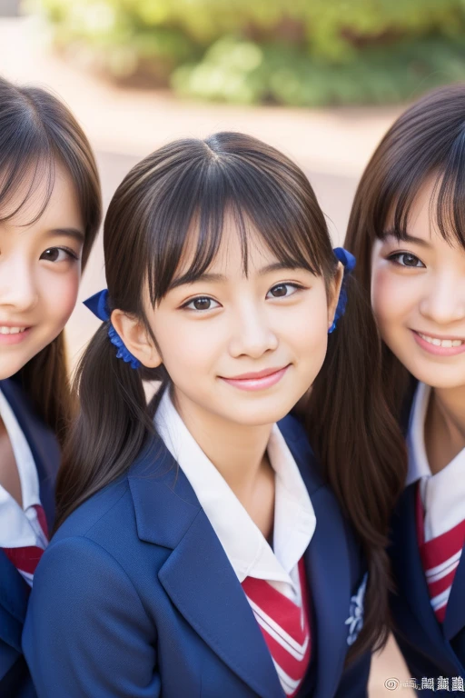 (3 Little Girls:1.5), (15 years), (Young Face:1.2), A shy smile, (highest quality:1.4), (Very detailed), (Very detailed美しい顔), Great face and eyes, (ponytail), Cute Smile, Brown eyes, (Very detailed美しい顔), (High School Uniform:1.2), (Very detailed CG 統合 8k 壁紙), Very detailed, High-resolution RAW color photos, Professional photography, Realistic portraits, Very high resolution, Cute Smile, cherry blossoms, School, Schoolyard,