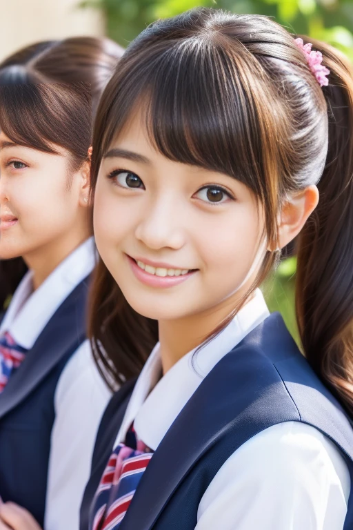 (3 s:1.5), (15 years), Face:1.2), A shy smile, (highest quality:1.4), (Very detailed), (Very detailed美しい顔), Great face and eyes, (ponytail), Cute Smile, Brown eyes, (Very detailed美しい顔), (High School Uniform:1.2), (Very detailed CG 統合 8k 壁紙), Very detailed, High-resolution RAW color photos, Professional photography, Realistic portraits, Very high resolution, Cute Smile, cherry blossoms, School, Schoolyard, 