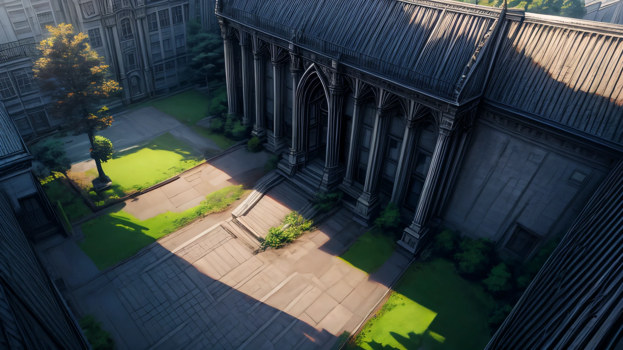 anime, high res, 4k, 8k, visual novel background, CG background, lonely luxury private school, an gothic old building, an iron fence, view from above, outdoor scenery, detailed background, photorealistic, pixiv, sharp-focus, super detail,