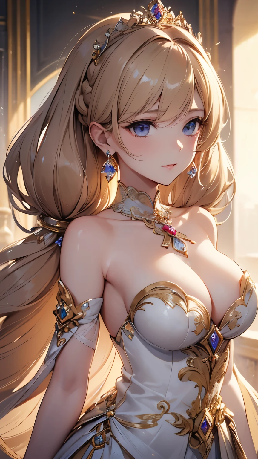 ((masterpiece)), (textured skin), ((high details)), best quality, award winning, 8k, beautiful woman, silk dress, Noble, princess, queen, blonde, half updo, hair flaps, jewelry tiara, crystal earrings, Sharp focus A beautiful woman with perfect body, Slim abdomen, light brown hair, shiny hair, low twintails