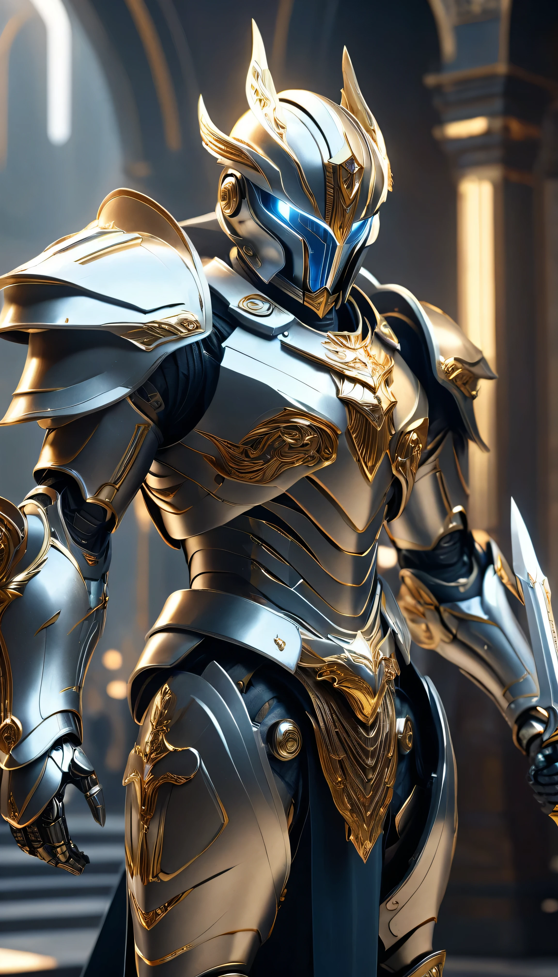 masterpiece， best quality， high quality， （Futurism：1.1）， （Paladin holding the Sword of Light, Light Magic, Holy, Magic Wave, Silver and gold）， Movie Lighting， （Exquisite future）， Pretty and beautiful，Face armor，helmet， Super detailed， great composition， floating， Depth of Field， （Very detailed CG，Unity 8k Wallpaper）， （Beautiful details background）， Beautiful hair details， Dramatic Lighting， Gogita， Mecha，best quality，Ultra-high resolution，Reality