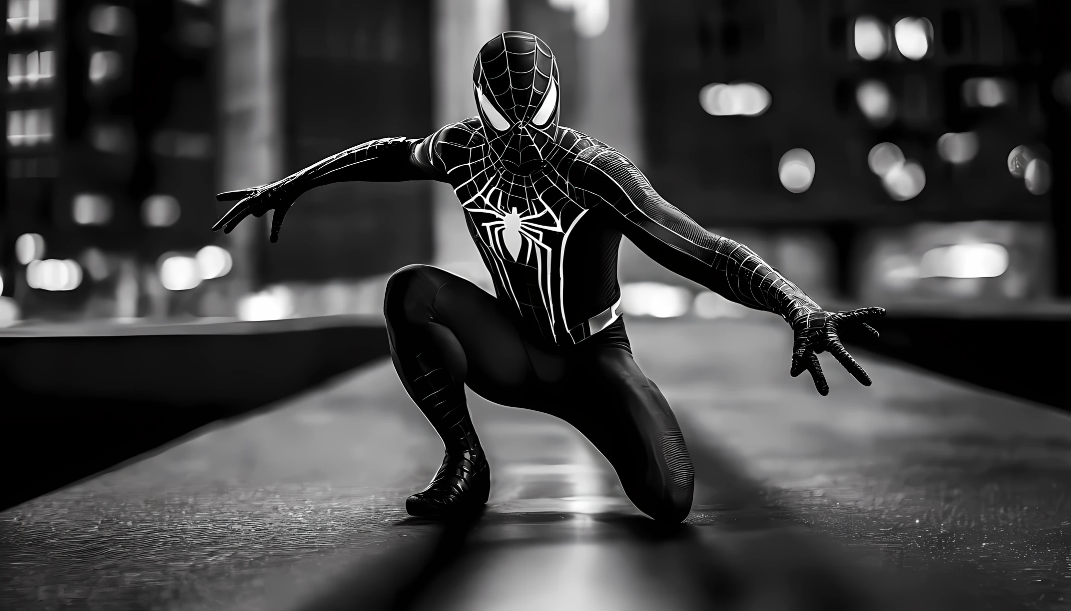 spiderman MCU advanced black and white suit with white long spider symbol with mcu red and white big movable eyelences
