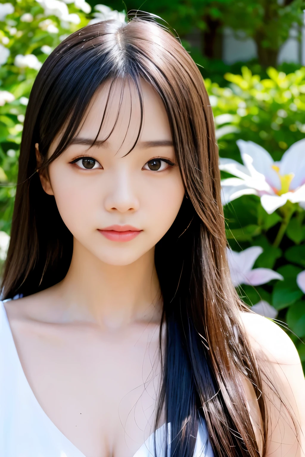 (highest quality, Very detailed, Realistic:1.37), Professional, Fine and beautiful eyes, Beautiful lip detail, Detailed facial features, Natural skin color, Perfect skin texture, Delicate expression, High-resolution images, Realistic face, Realistic skin, Real Face, Natural smile, Very detailedな髪, (Yuki), 20-year-old, (Calm Japanese female college student), A garden surrounded by flowers、Her slim figure and flowing hair、In harmony with the natural beauty of the surrounding area。. The high-resolution image captures Very detailed realism, highlighting Yuki's captivating eyes, Delicate lips, and smooth skin tone. A stunning visual expression of tranquility and Japanese aesthetics.。.
