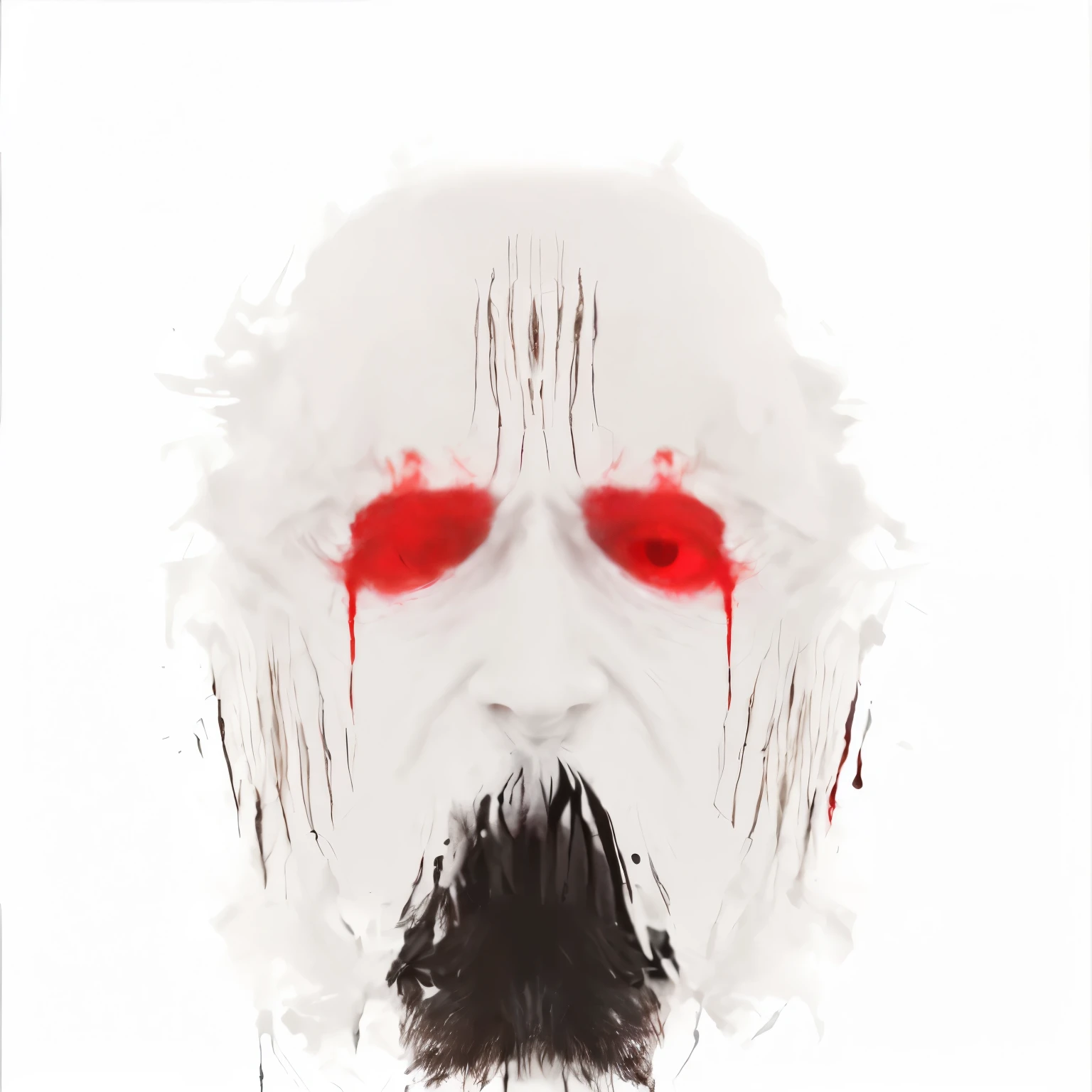 painting of a man with red eyes and a mustache with a beard, horror symmetrical face, face of a pale alien cultist, clean brutal blooded face, bloody face, horror face, brutal blooded symmetrical face, horror macabre face, demonic face, took on ipad, scary portrait, smudged face, red paint strip across eyes