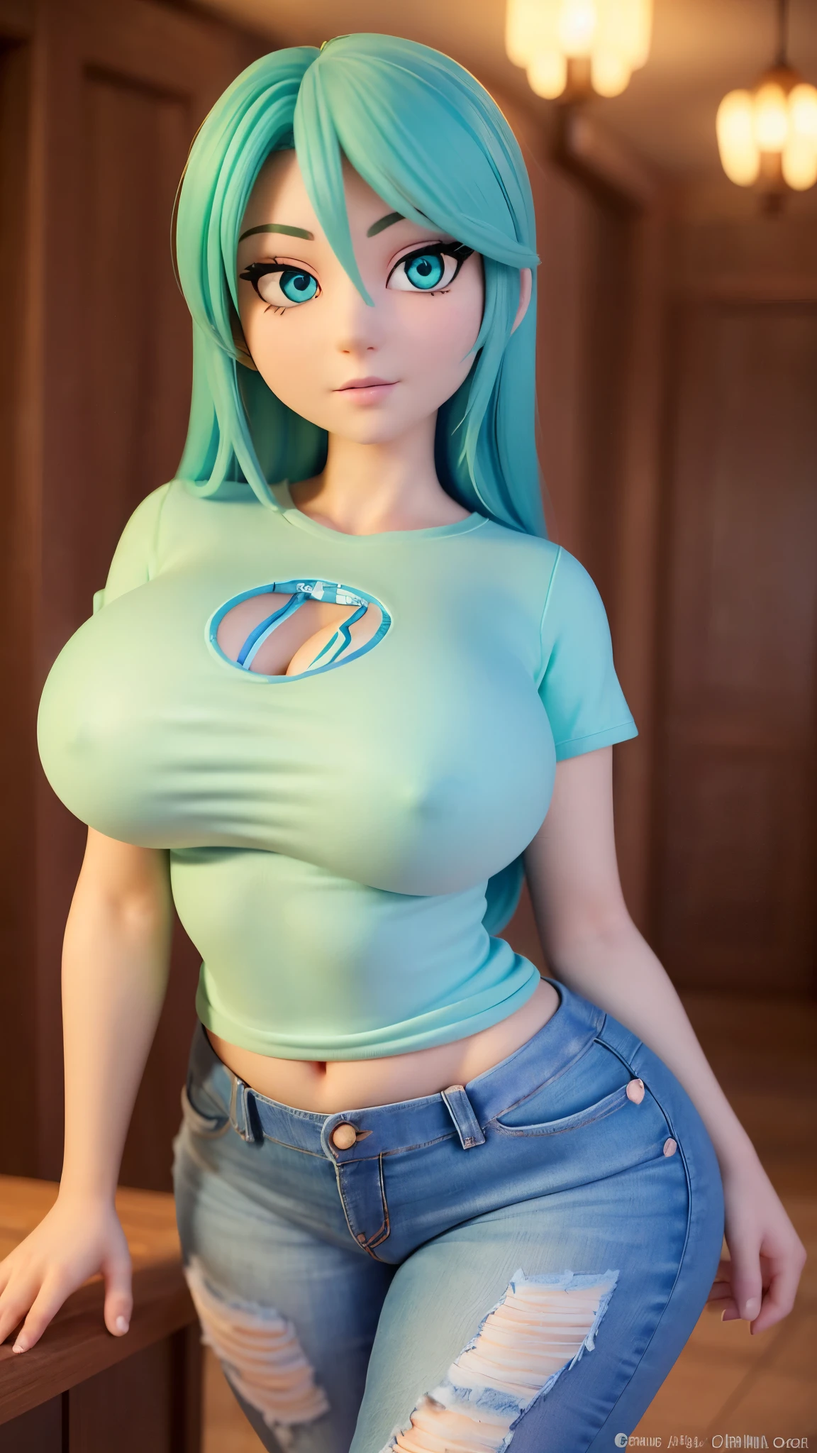 (beautiful,detailed eyes:1.1,green),(delicate facial features,clear complexion:1.1),(blue hair,unique),(mint t-shirt,jeans),(youthful,graceful posture),(vivid colors),(portrait:1.1),(sharp focus),(studio lighting),(bokeh),(female,1girl),(busty,voluptuous),(relaxed,confident expression) busty. Voluptuos