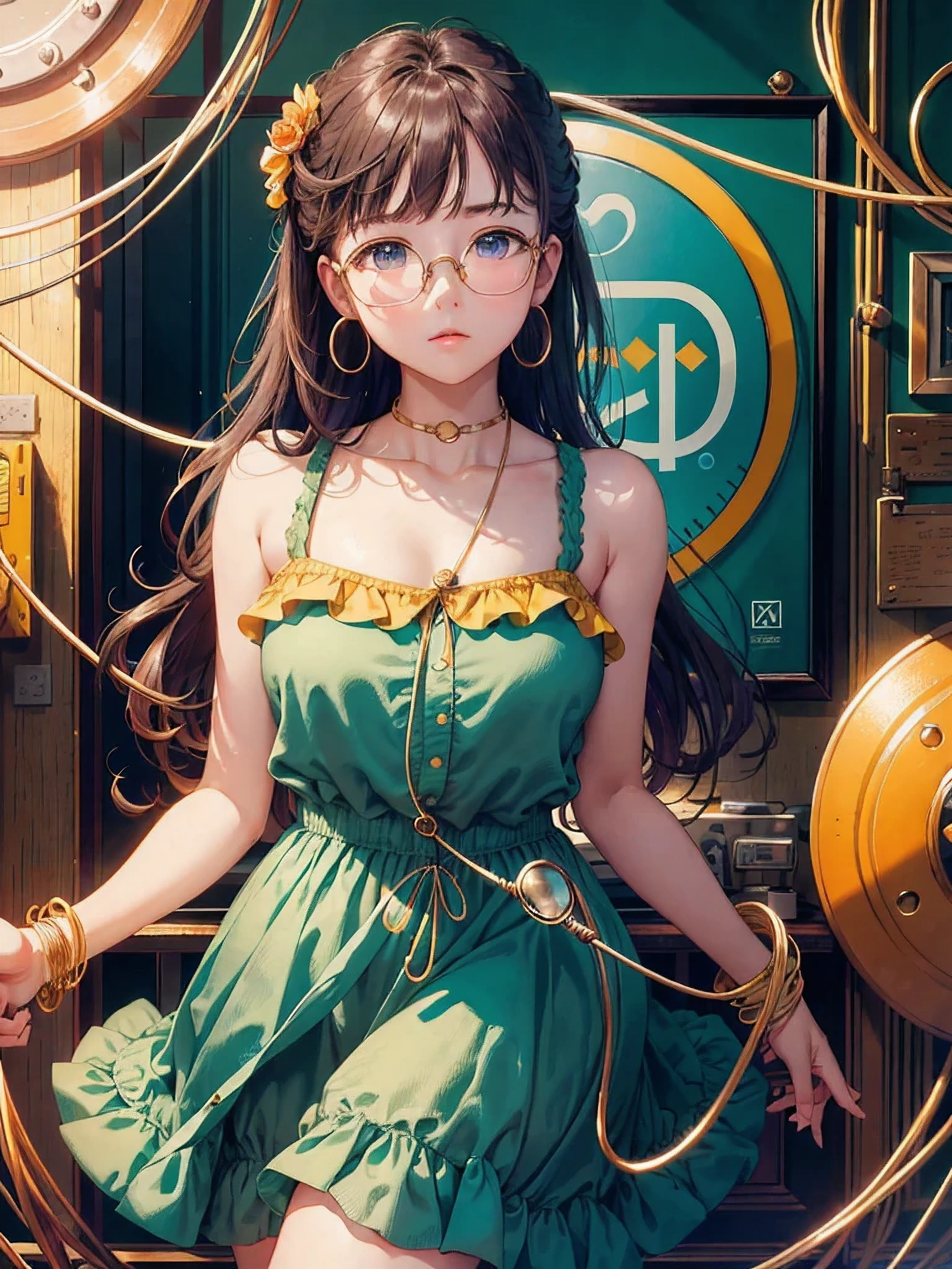 (Masterpiece, highest quality, super large resolution); (CG illustration); (a cute and cute girl); (sleepiness) (exhaustion); ((round-framed gold wire glasses)), (fashionable) (trendy); Rich colors, cyan, orange, yellow, green, cyan, blue, purple, fashion typography, magazine cover poster, hyper-detail, art, title, logo, label, badge, graphic design, detail post-processing, depth of field, high brightness, high saturation, more white space;