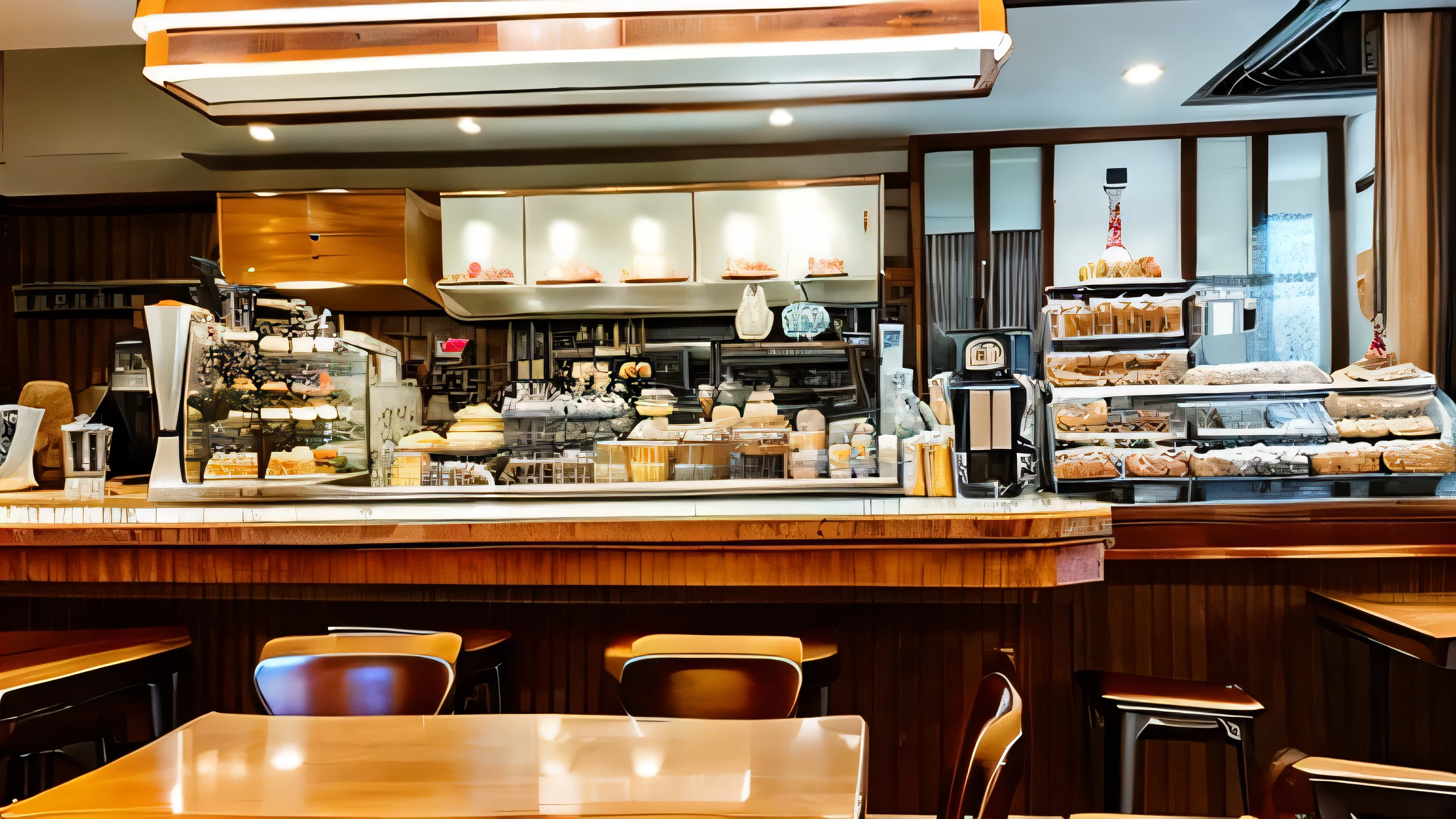 masterpiece、Highest quality、A retro and stylish cafe、Cake and coffee on the table、