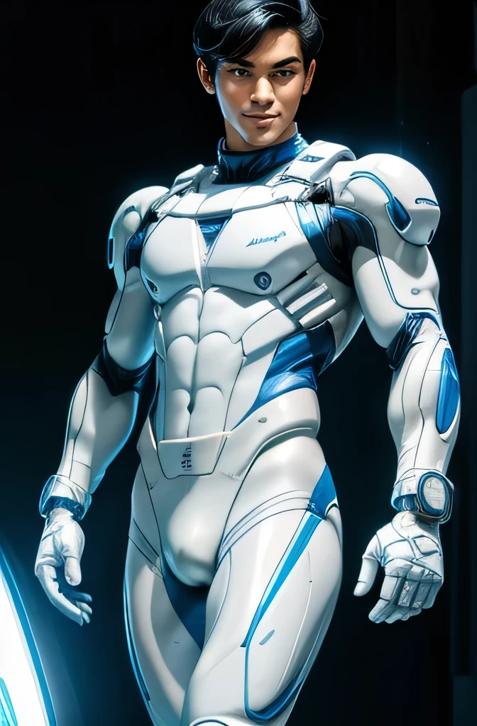 Handsome A refreshing 22-year-old male Japanese model Short black hair cut Short hair, slim, muscular man Powerful pose Future World Various instruments Walking towards the camera with a smile Science fiction A tight rubber suit that is all white with a touch of blue Compression suit full body White gloves Big Moccoli Photo looking down Realistic images