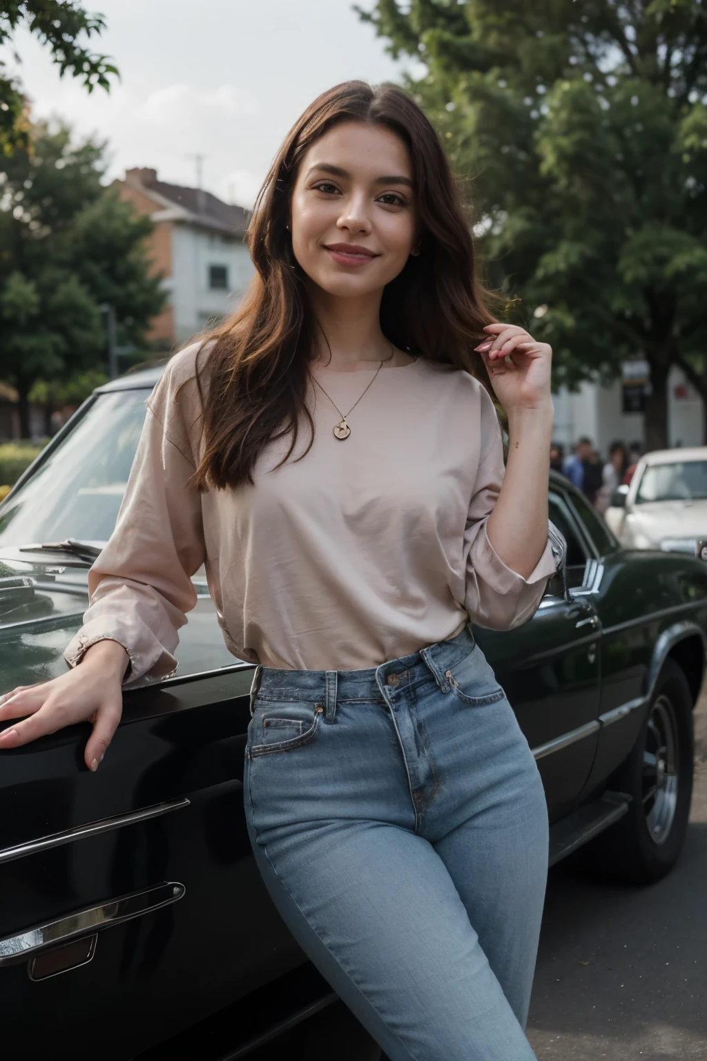 ((best quality)), ((masterpiece)), (detailed), perfect face."Capture the essence of timeless beauty in stunning 8k resolution with a portrayal of a 25-year-old Colombian social media influencer. With her striking red hair, long hair and endearing smile, she radiates sweetness and charm, embodying the epitome of cuteness. Dressed in a casual yet stylish ensemble—a HAZE MAUVE OVERSIZED SHIRT paired with BAGGY BLACK JEANS for women—she exudes effortless elegance. Positioned near an old vintage car on a scenic road, she adds a touch of nostalgic allure to the scene. The ultra-detailed shot focuses on her captivating presence and genuine smile, inviting viewers to share in the joy of the moment."