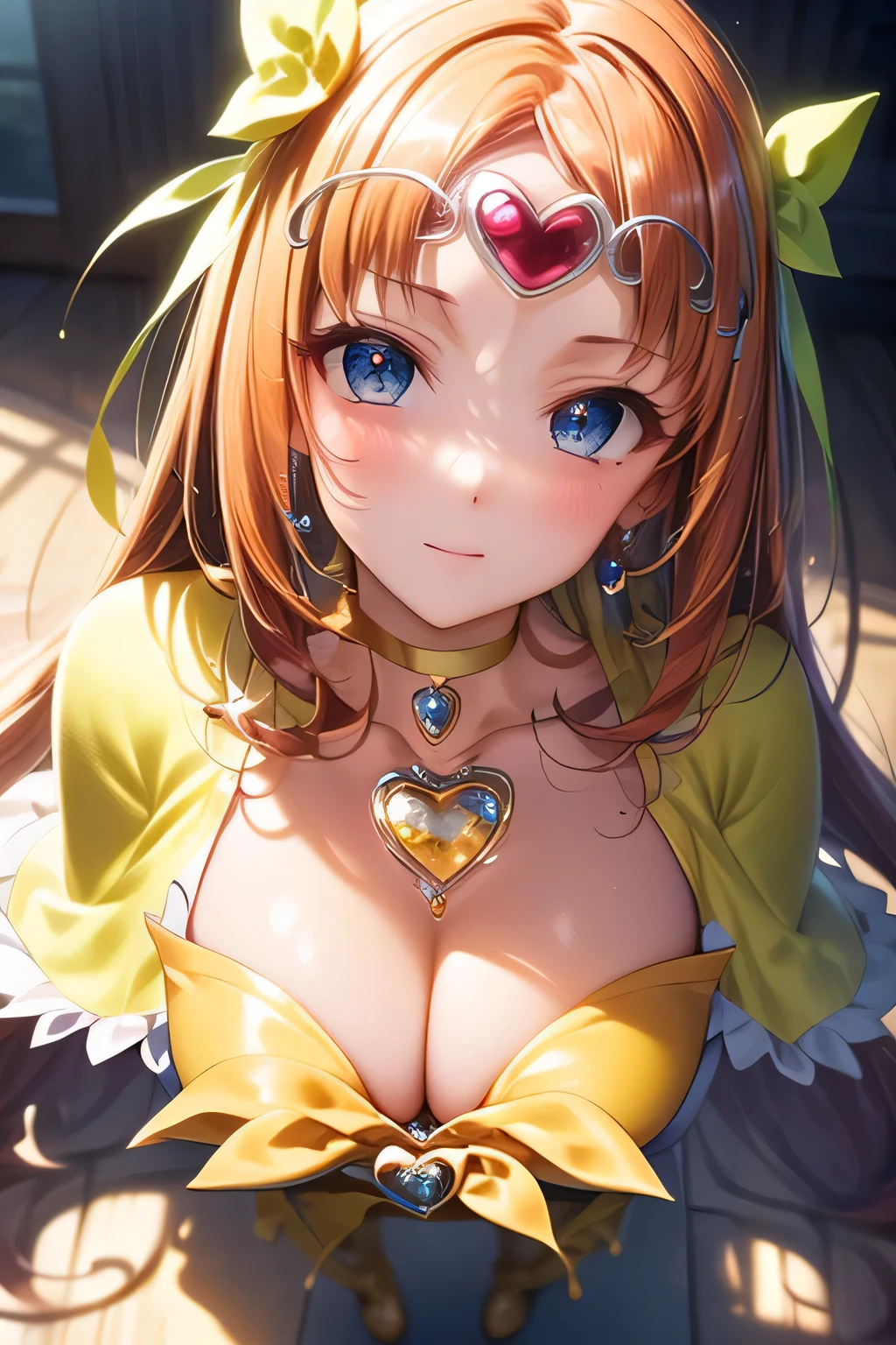 (masterpiece:1.2), best quality, high resolution, unity 8k wallpaper, (illustration:0.8), (beautiful detailed face:1.2, beautiful detailed eyes:1.2), perfect lighting, extremely detailed CG, (perfect hands, perfect anatomy), 

Cute, beautiful, charming lady, shiny hair, lustrous skin, beautiful light big eyes, 
milf, married woman, soft With a gentle appearance and a gentle mother-like atmosphere,
Feminine style, beautiful kubire, beautiful, naughty face,

cure muse, orange hair, hair ribbon, yellow choker, jewelry, brooch, capelet, tiara, boots, 

muse_a,long hair, orange hair,bright blue eyes, tiara, hair ribbon, large breasts, yellow choker, heart, jewelry, brooch, capelet, cure muse costume, bubble skirt, knee bo