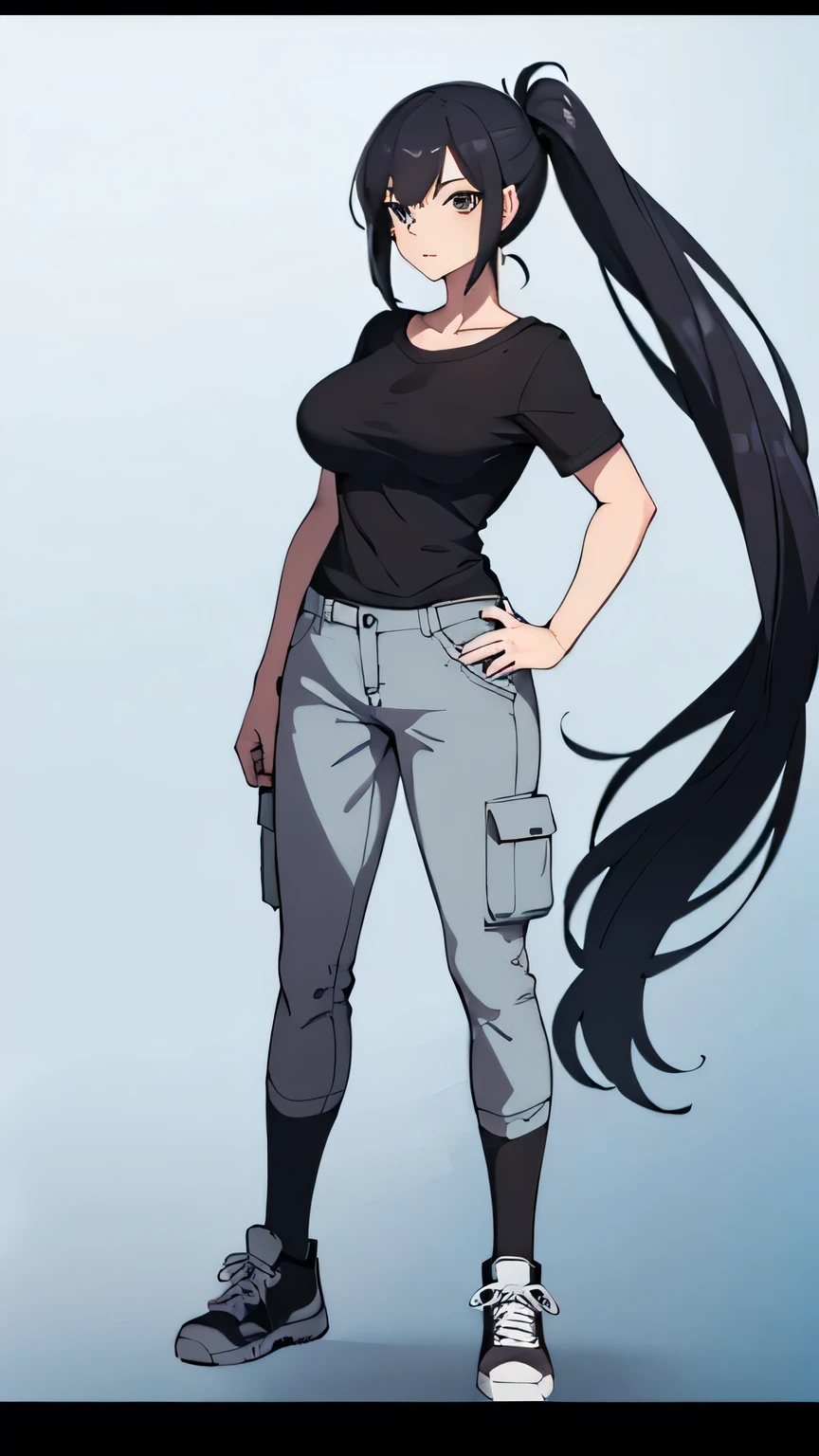 (best quality:1.5, highres, UHD, 4K, detailed lighting, ((ultra high quality)), ((ultra detail)), 1 girl solo, anime girl with ponytail and tie in a, black hair, ((uniform black t-shirt)), wearing long cargo pants, female anime character, anime character, in an anime style, ((full body)), converse, converse high, (medium breasts), highly detailed face, cool, tomboy.