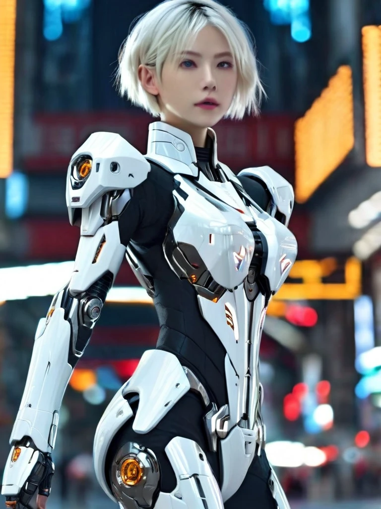 (8k, RAW photo, best quality, masterpiece:1.2),(realistic, photo-realistic:1.4),ultra-detailed,(extremely detailed cg 8k wallpaper:1.2),(crystalstexture skin:1.2),(extremely delicate and beautiful),machinery,Mecha,1girl,solo,short hair,profile,(full body:2),science fiction,closed mouth,white hair,headgear,Technological background,