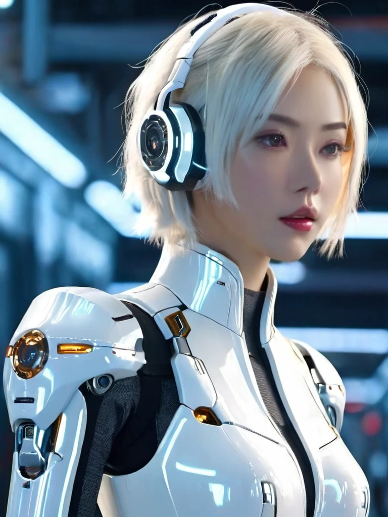 (8k, RAW photo, best quality, masterpiece:1.2),(realistic, photo-realistic:1.4),ultra-detailed,(extremely detailed cg 8k wallpaper:1.2),(crystalstexture skin:1.2),(extremely delicate and beautiful),machinery,Mecha,1girl,solo,short hair,profile,(full body:2),science fiction,closed mouth,white hair,headgear,Technological background,