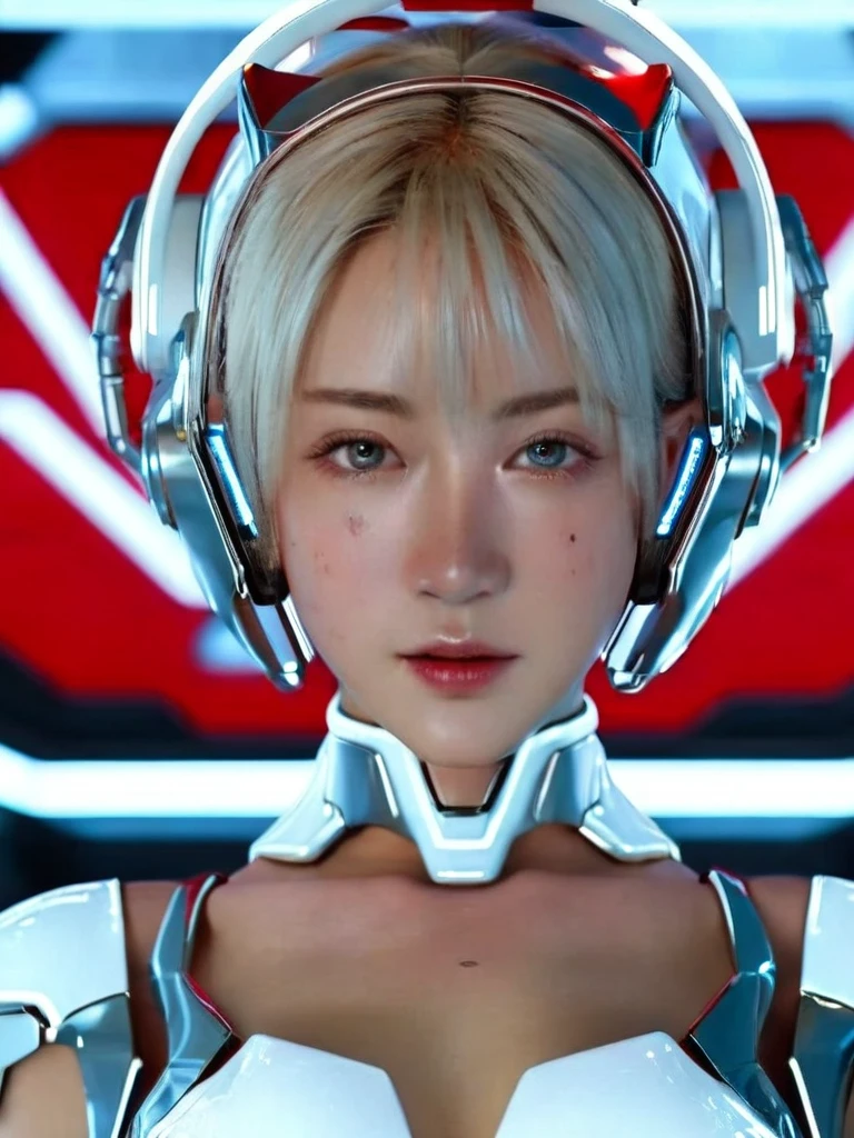 (8k, RAW photo, best quality, masterpiece:1.2),(realistic, photo-realistic:1.4),ultra-detailed,(extremely detailed cg 8k wallpaper:1.2),(crystalstexture skin:1.2),(extremely delicate and beautiful),machinery,Mecha,1girl,solo,short hair,profile,(full body:2),science fiction,closed mouth,white hair,headgear,Technological background,