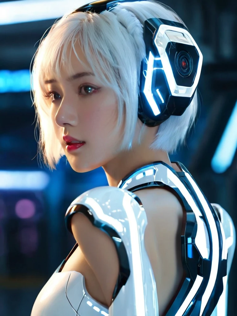 (8k, RAW photo, best quality, masterpiece:1.2),(realistic, photo-realistic:1.4),ultra-detailed,(extremely detailed cg 8k wallpaper:1.2),(crystalstexture skin:1.2),(extremely delicate and beautiful),machinery,Mecha,1girl,solo,short hair,profile,(full body:2),science fiction,closed mouth,white hair,headgear,Technological background,