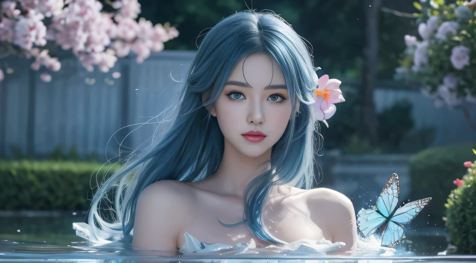 black hair, hair bobbles, wince, longeyelashes, solid circle eyes, light smile, ear blush, fang, Surrealism, drop shadow, anaglyph, stereogram, tachi-e, pov, atmospheric perspective, 8k, super detail, ccurate, best quality，(a girl in a garden),(cgstation,artstation,pixiv:1.2),(anime:1.1),(blue eyes,blue hair,butterflies:1.1),(vibrant colors),(wallpaper,illustration:1.2),(blue shimmering eyes),ultra-detailed,(cg art,flawless anime art),(flowing water),(guweiz style),(4k anime wallpaper)