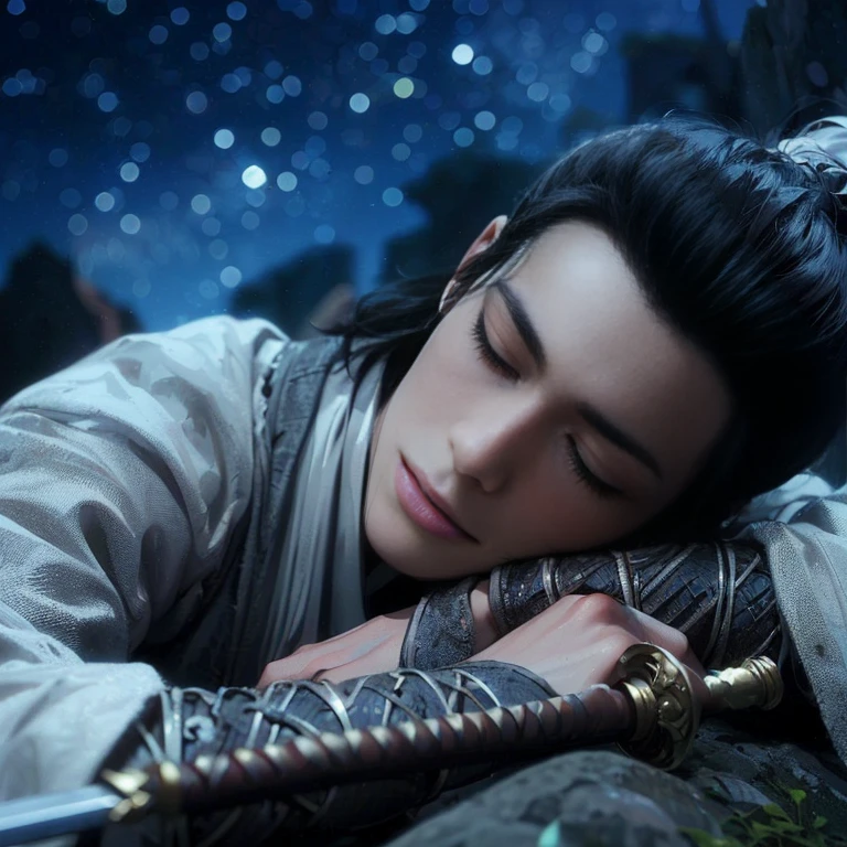 (Male: 1.1), Sadness, (8k, RAW photo, photorealistic:1.25) , [Monochrome: Soft Color: 0.6] Theme, (Masterpiece), (Best Quality), (Detail), Light Layer, Glossy skin, (complex details: 1.1), black hair, long hair, black eyes,